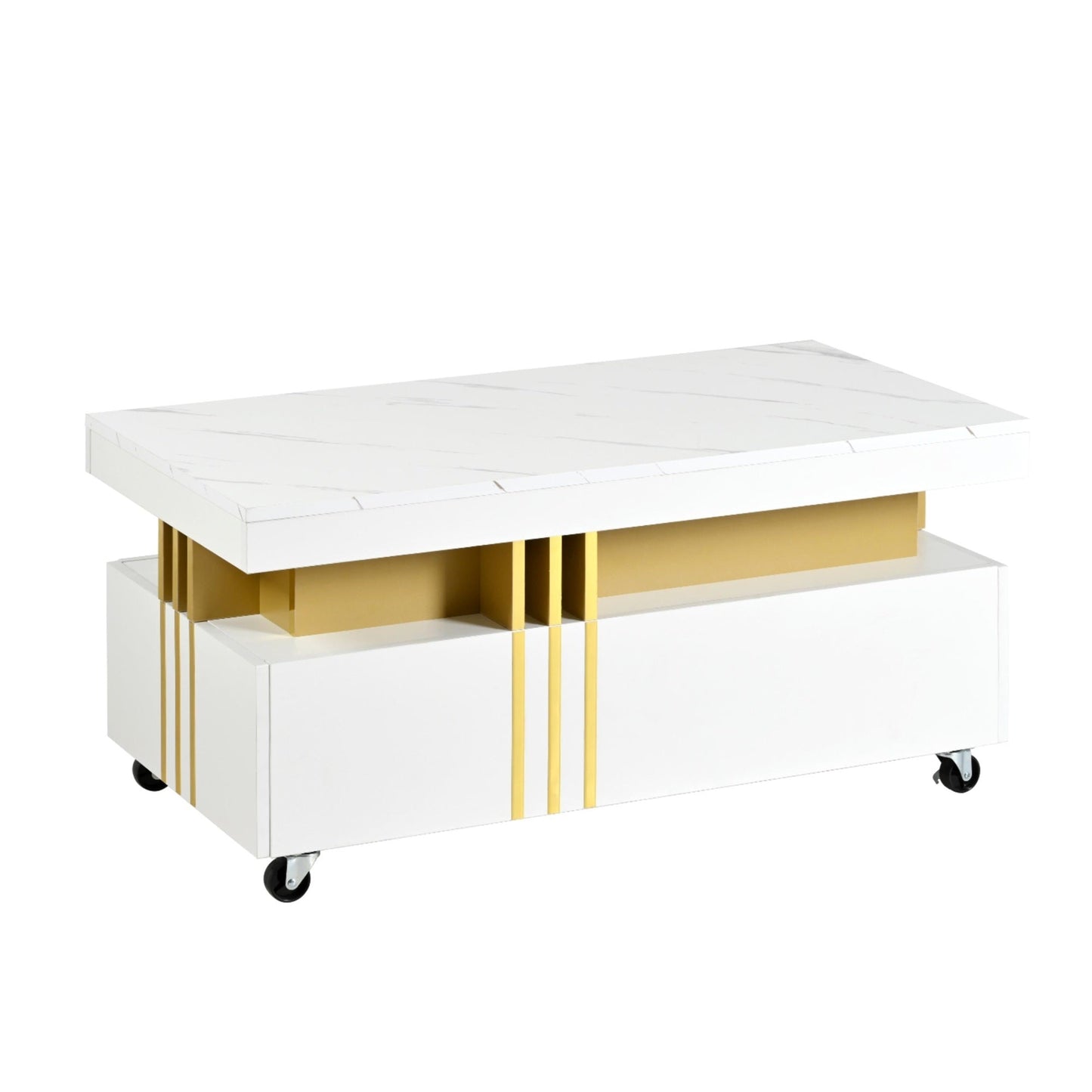 ON-TREND Contemporary Coffee Table with Faux Marble Top, Rectangle Cocktail Table with Caster Wheels, Moderate Luxury Center Table with Gold Metal Bars for Living Room, White