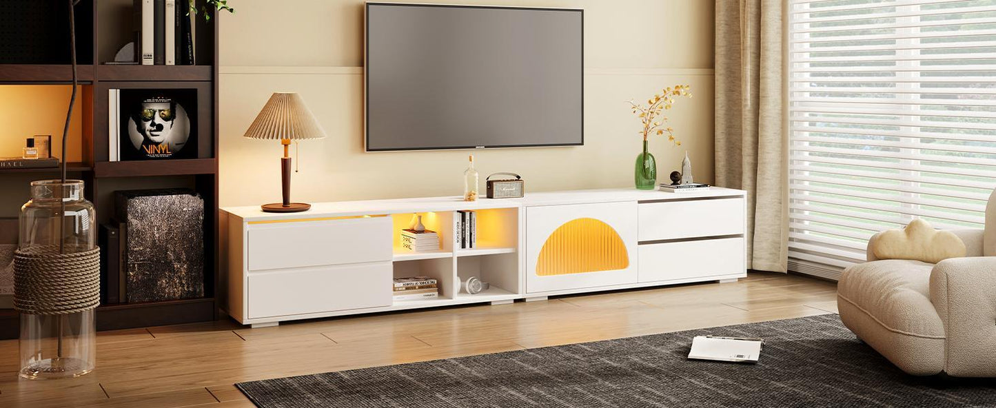 ON-TREND Modern TV Stand with Fluted Glass Door for TVs Up to 100', Media Console with Sliding Door & 2 Drawers, Free-Combination Entertainment Center with LED Light for Living Room, Bedroom, White