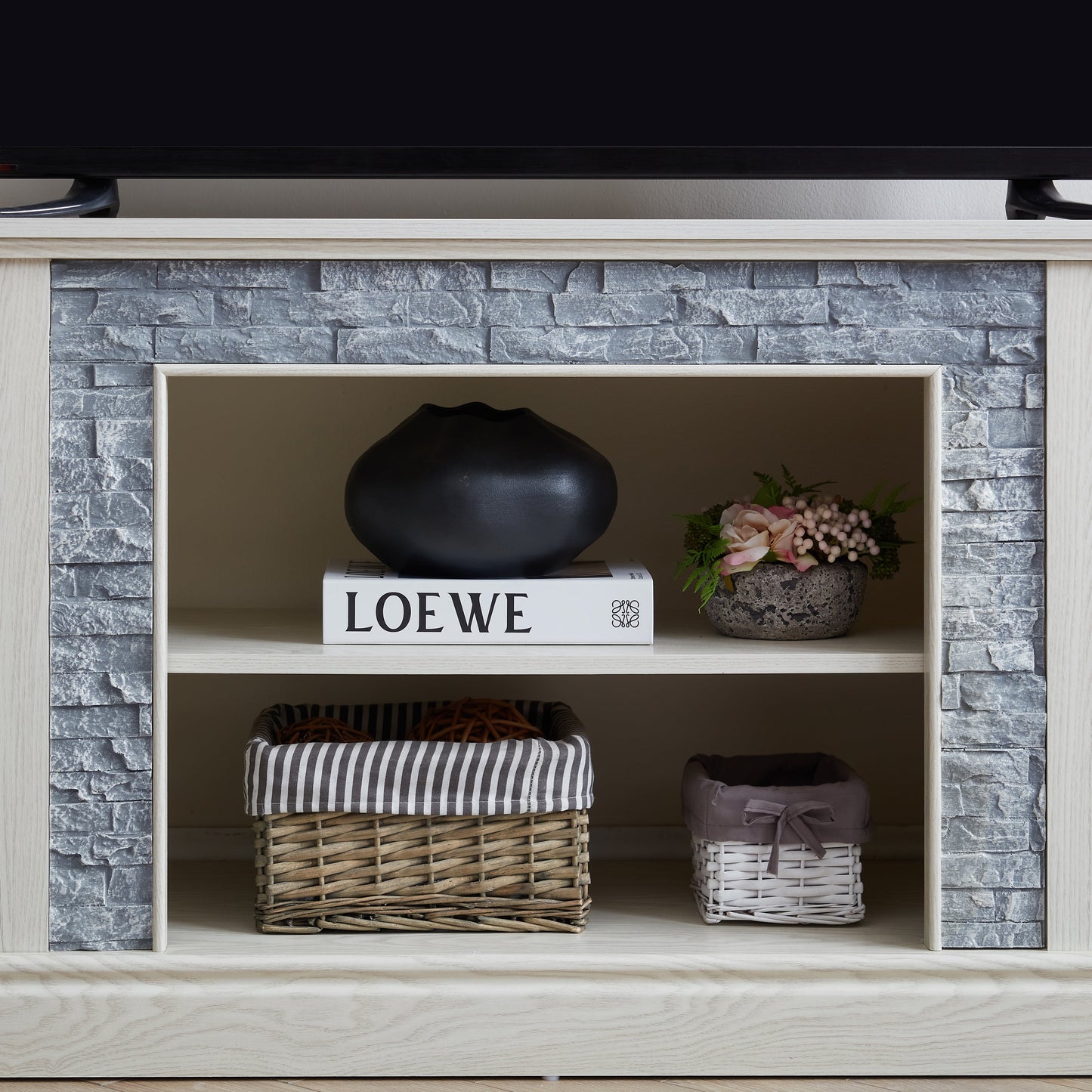 Large TV Desk Storage Rack with Faux Stacked Stone Surround,Media Console Table with Large Storage Cabinet,Modern TV Media Entertaionment Stand,WHITE, 70.12'W*15.35'D*25.83'H