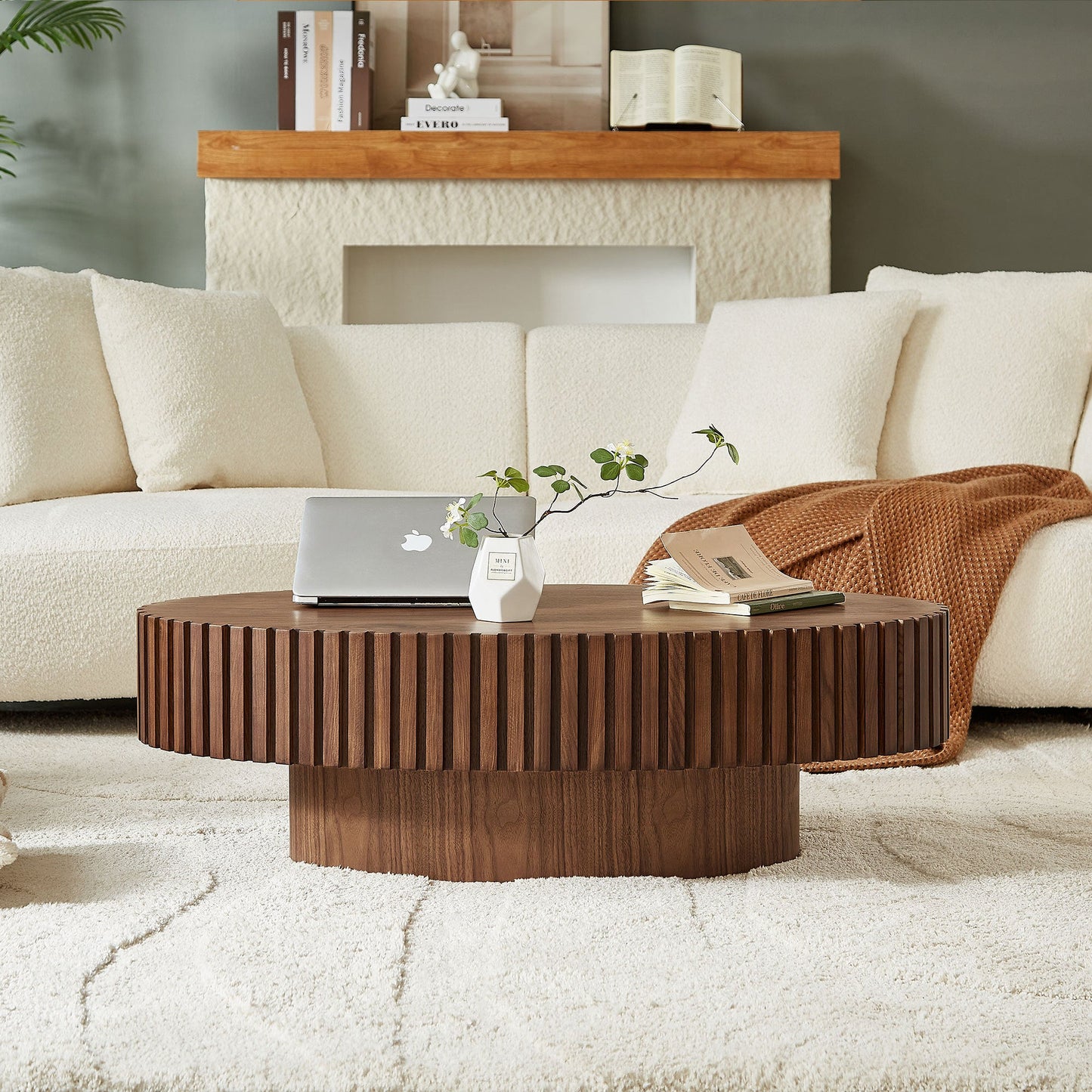 Modern Handcraft Drum Coffee Table Length 43.7 inch Ellipse Coffee Table for Living Room,Oval Small Coffee Table with Sturdy Pedestal,Walnut MDF