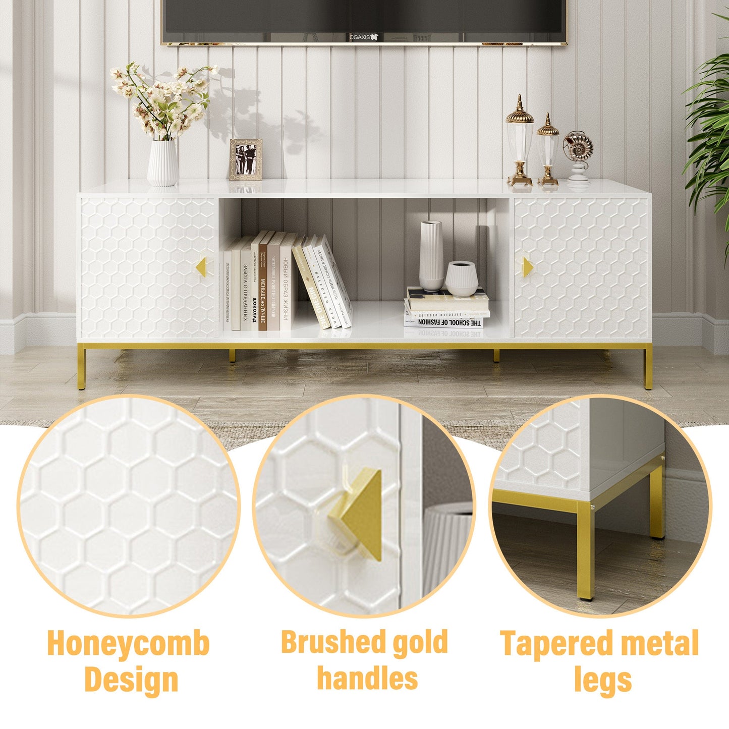 70 Inch TV Stand, Heavy Duty Wood Media Entertainment Center Console with Cabinet Storage & Open Shelves for Living Room, Modern Design (White)