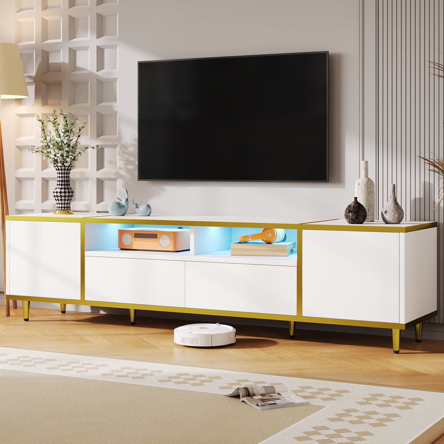 U-Can 70.9'' Modern TV Stand for TVs up to 80 Inches, Entertainment Center with 2 Shelves and LED Lights, TV Storage Cabinet with 2 Drawers, 2 Cabinets and Metal Legs for Living room