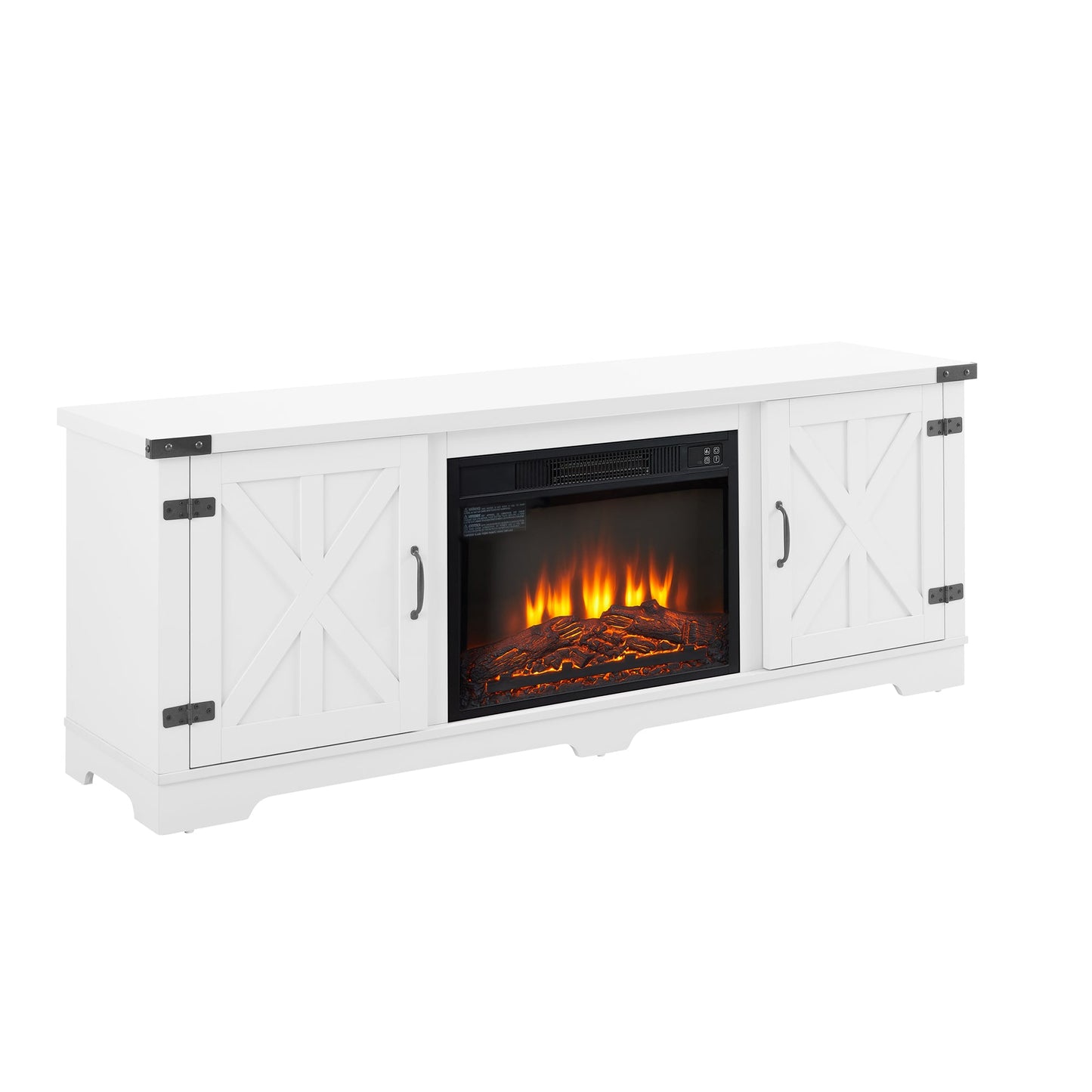 Modern Farmhouse TV Media Stand, Large Barn Inspired Home Entertainment Console, with 23' Fireplace Insert, for TV Up to 70'', with Open Shelves and Closed Cabinets, White, 64.8'W*15.67'D*24.29'H
