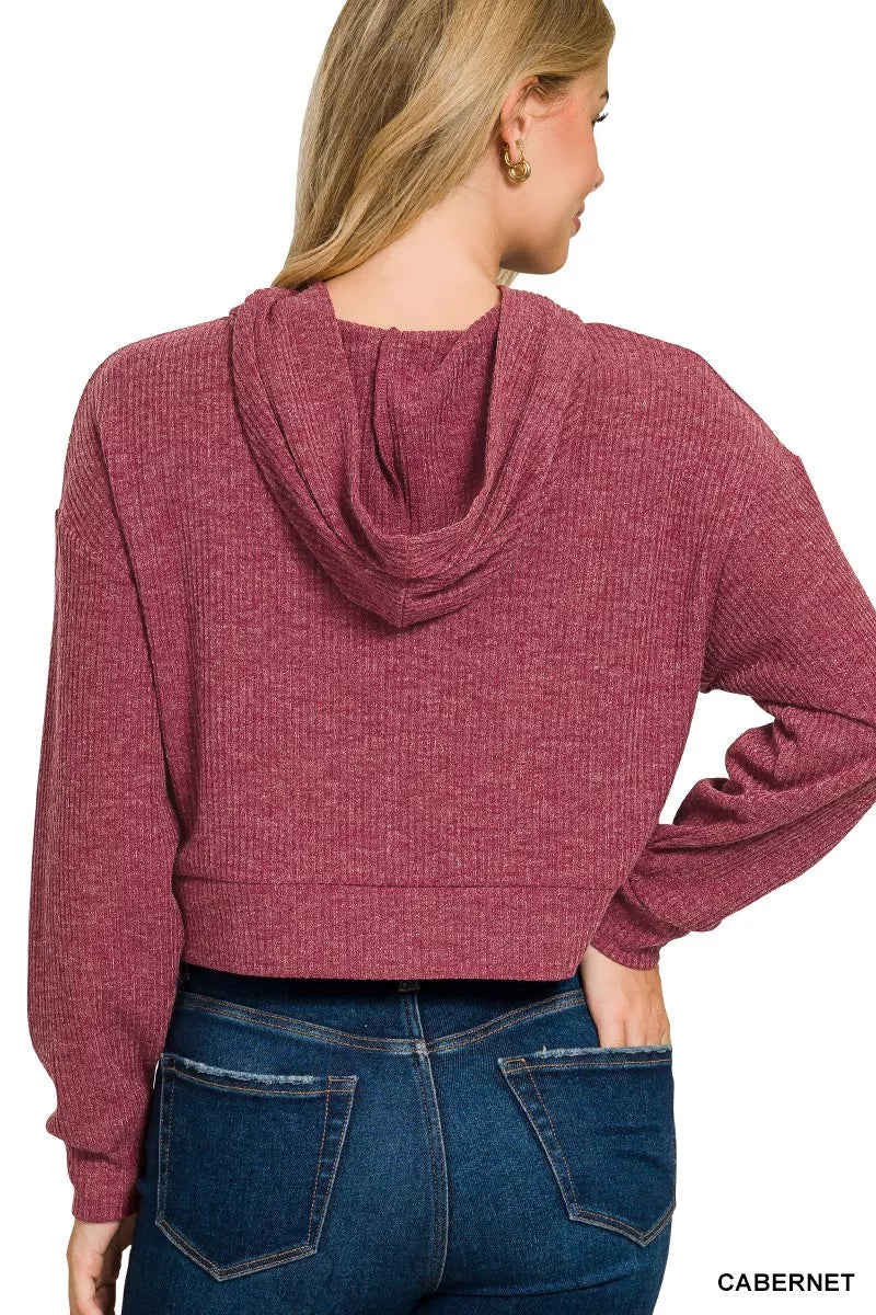 Zenana Drop Shoulder Ribbed Crop Hoodie - Lee's Retail