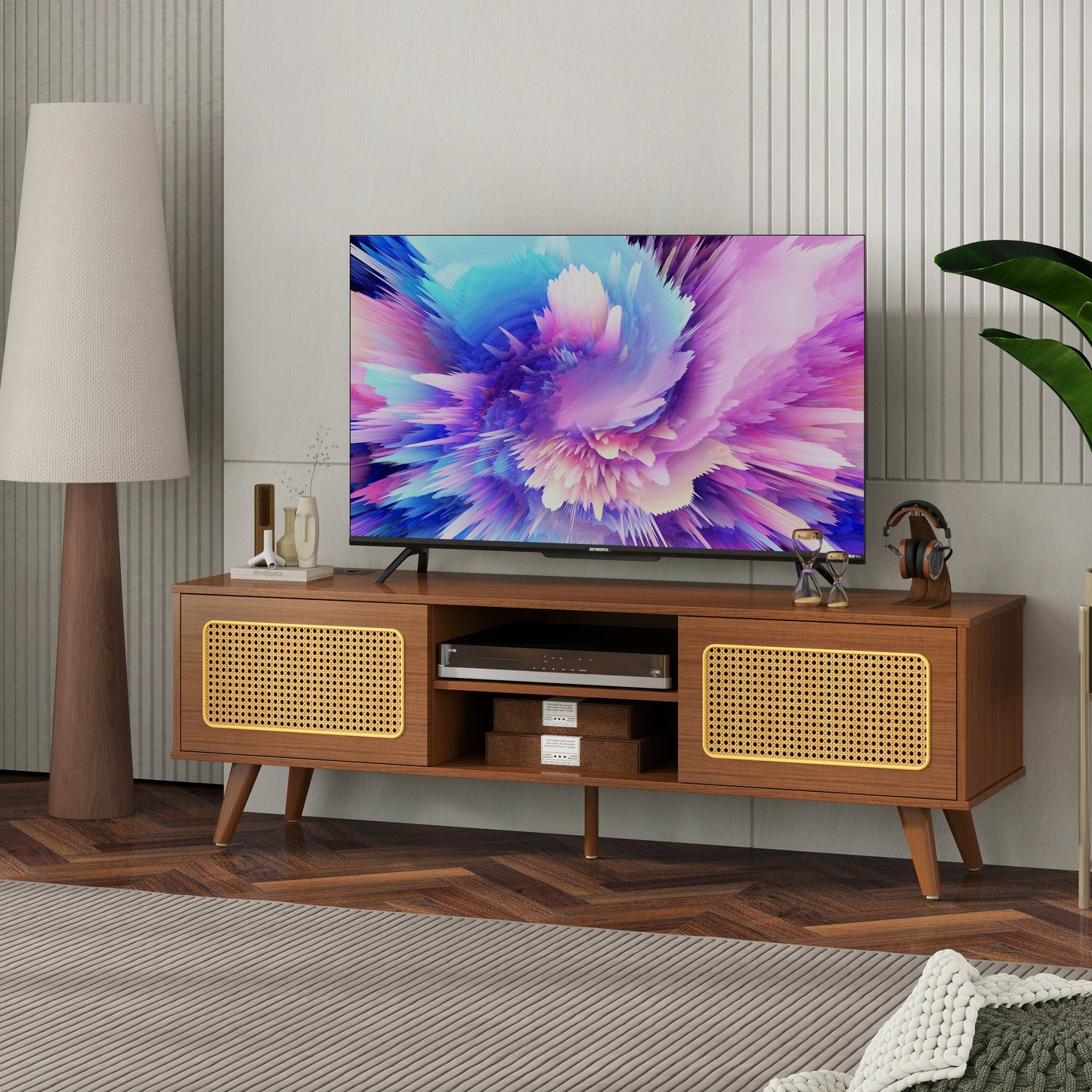 Mid Century Modern Rattan TV Stand for 55/60/65 inch TV , Entertainment Cabinet, Media Console for Living Room Bedroom Media Room, Solid Wood Feet & Rattan Cabinet Doors (Walnut, 59')