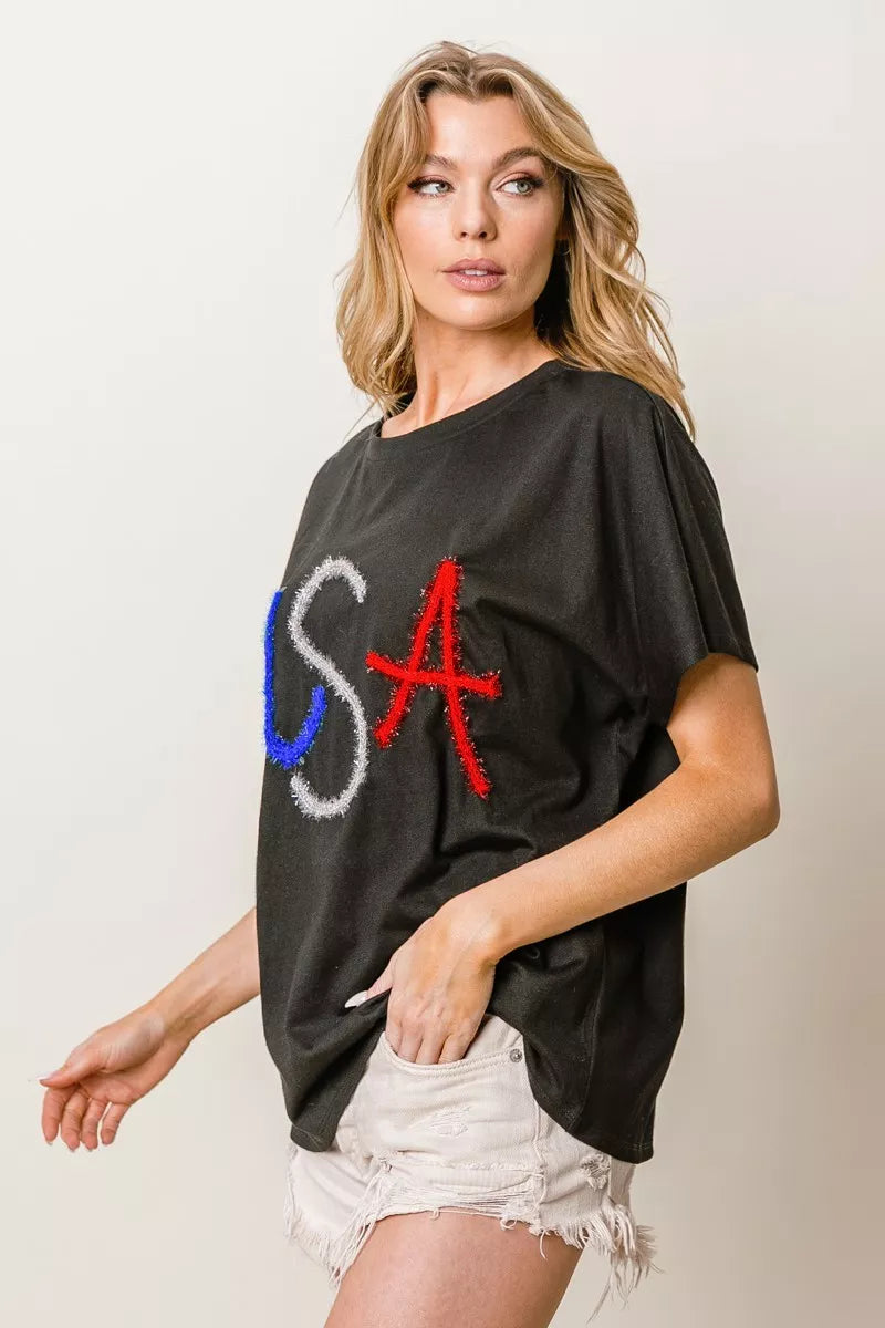 BiBi Metallic Letter Short Dolman Sleeve Top - Lee's Retail