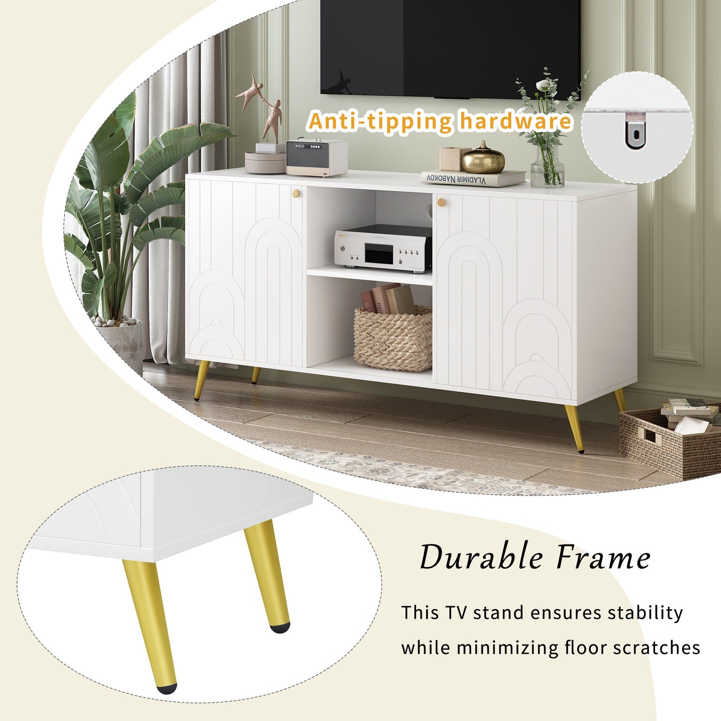 U-Can Modern TV Stand for TVs up to 55 Inches, Entertainment Center Media Console,Adjustable Shelf, Metal Legs, Handles and Anti-tip Device for Living room