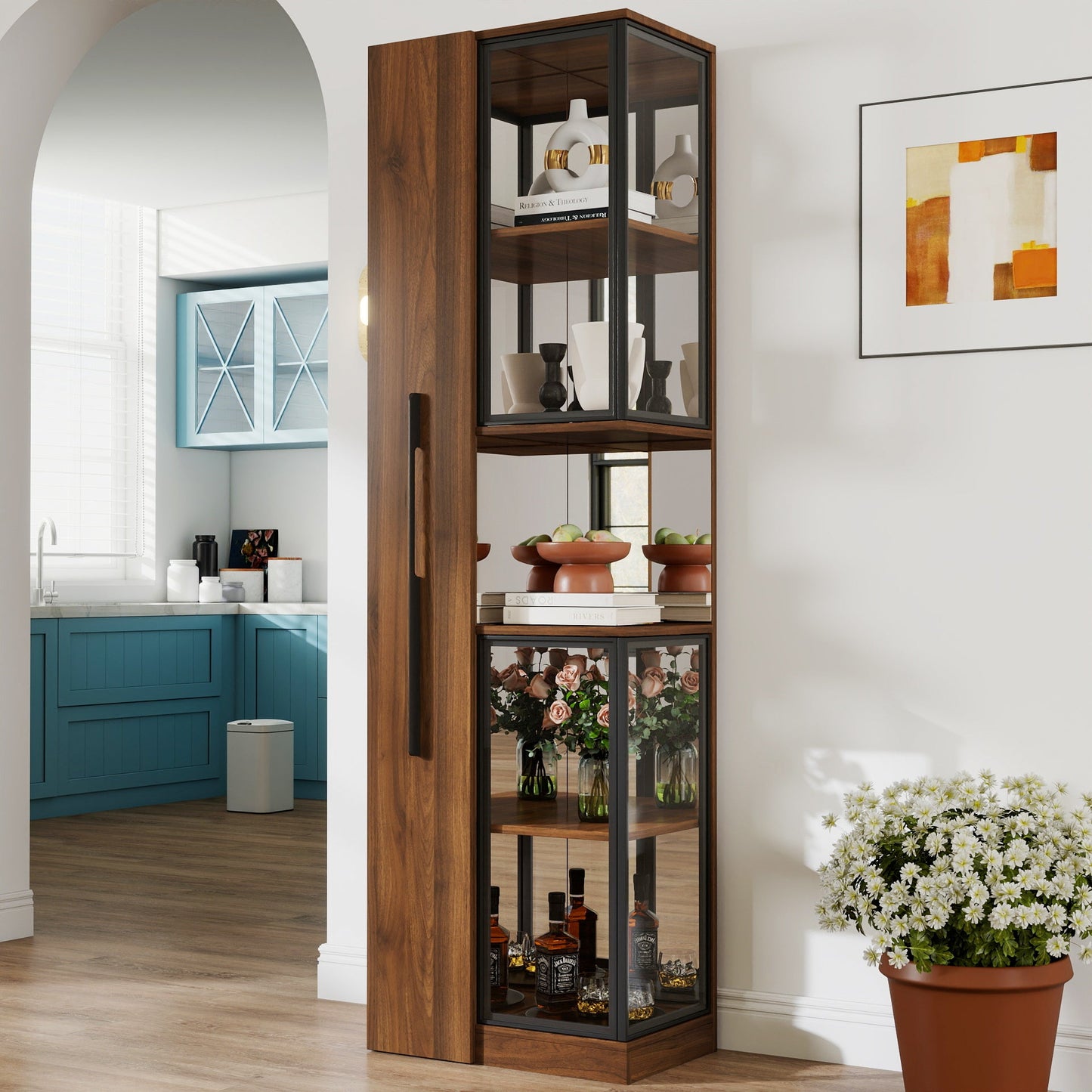 70' Display Cabinet with Glass Doors and Lights, with multi-functional pull-out multi-tier storage shelf , Wooden Display Storage Cabinets
