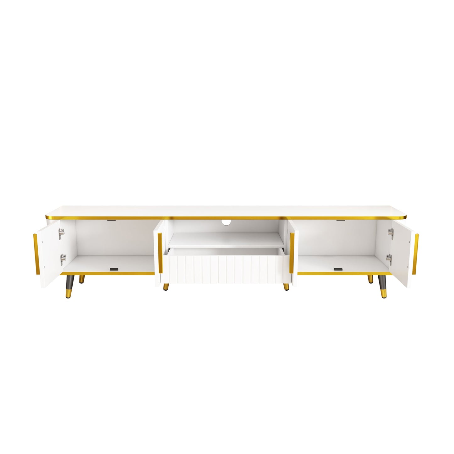 ON-TREND Luxury Minimalism TV Stand with Open Storage Shelf for TVs Up to 85', Entertainment Center with Cabinets and Drawers, Practical Media Console with Unique Legs for Living Room, White