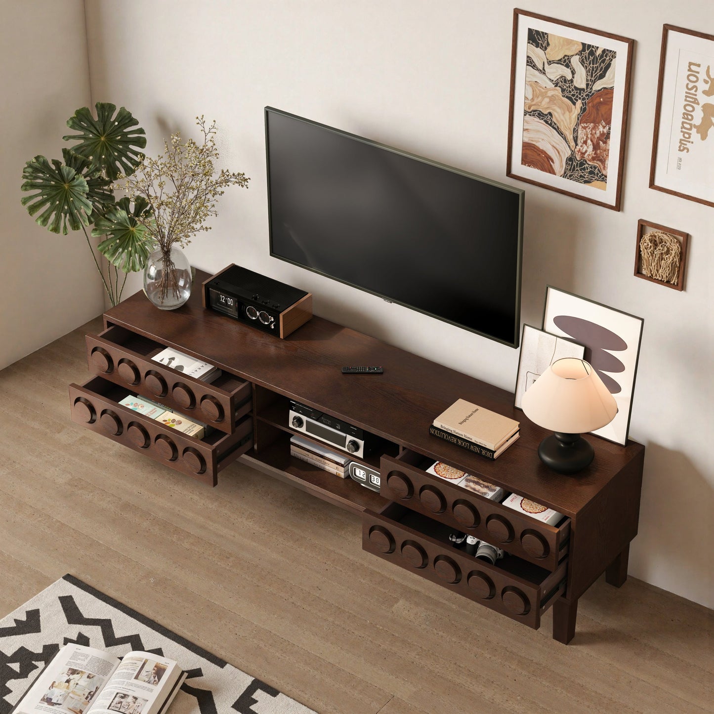 TV Stand for TVs up to 75', Media Console with 4 Drawers, Entertainment Center with Storage for Living Room and Bedroom(Dark Brown)