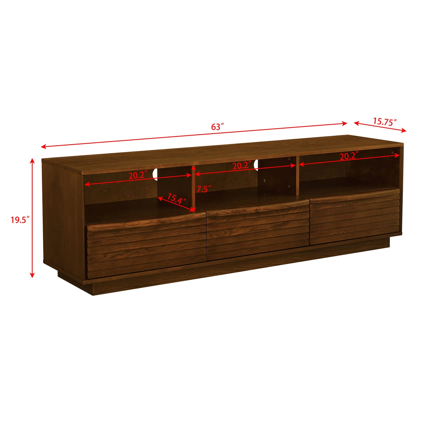 63' Mid-Century Modern TV Stand for TVs up to 75', Thick Sturdy Farmhouse Entertainment Cabinet, Media Console for Living Room, Louver Design & Solid Wood Drawers & Outlet Holes, Walnut