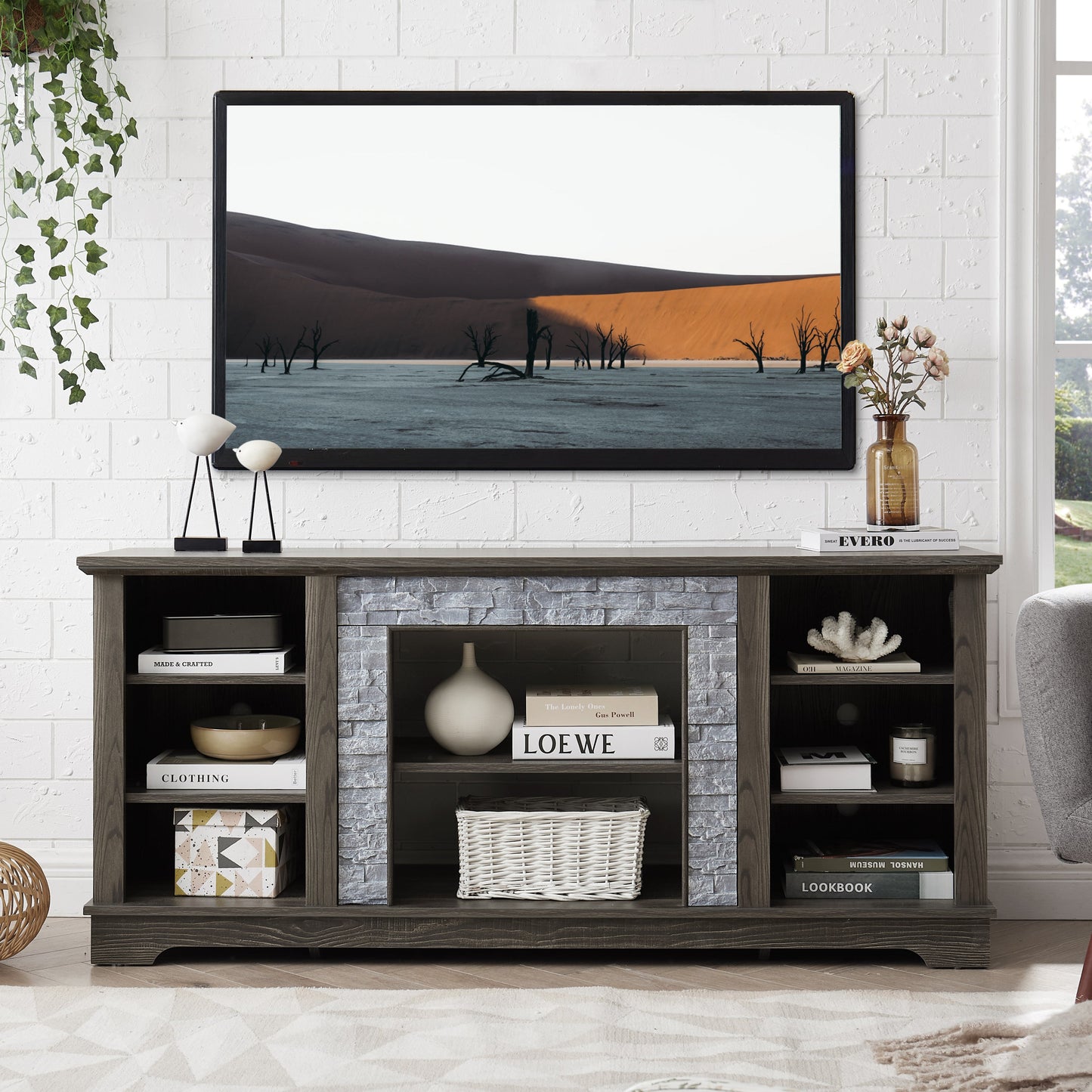 Mantel Stone TV Media Stand with with Faux Stacked Stone Surround, Modern Entertainment Console with Open Storage Space,Grey, 58.31'W*15.39'D*26.06'H