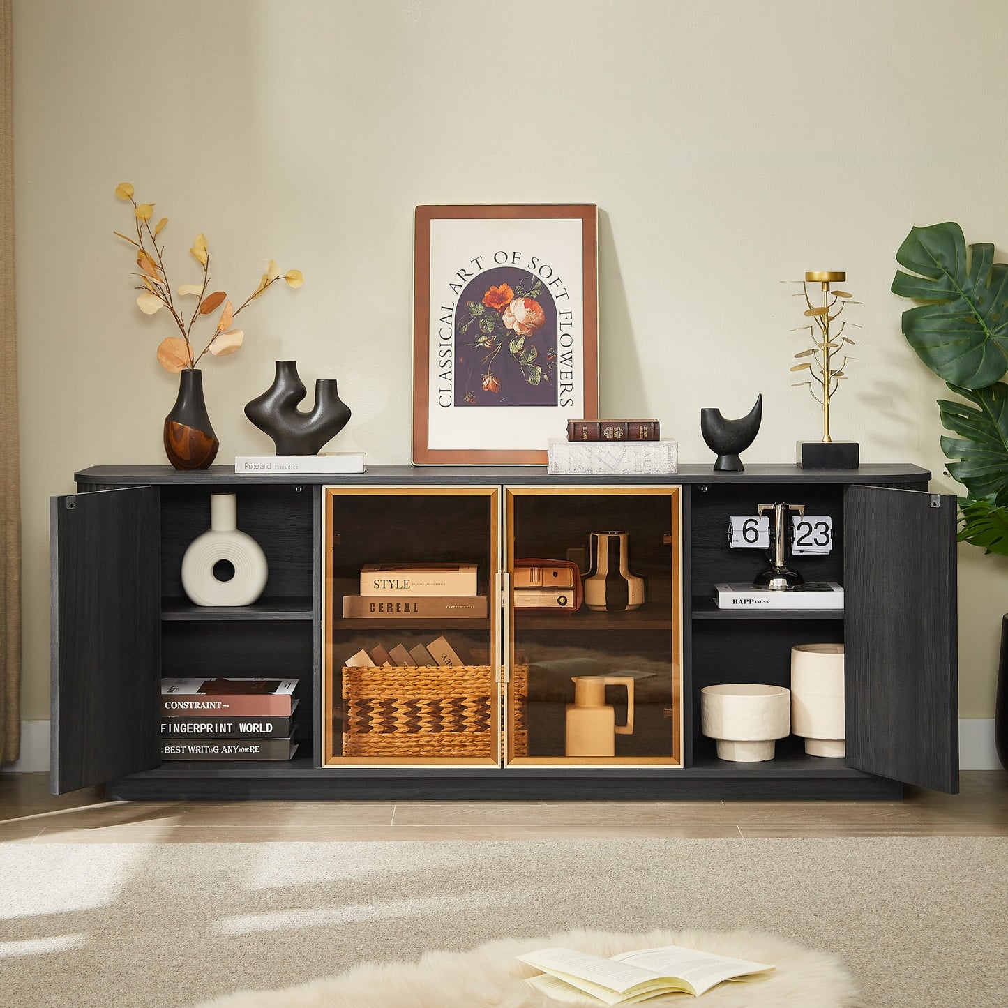 Modern 64-Inch Wavy TV Cabinet with LED Lights, Black, Particleboard and MDF, 64''W x 15''D x 24''H