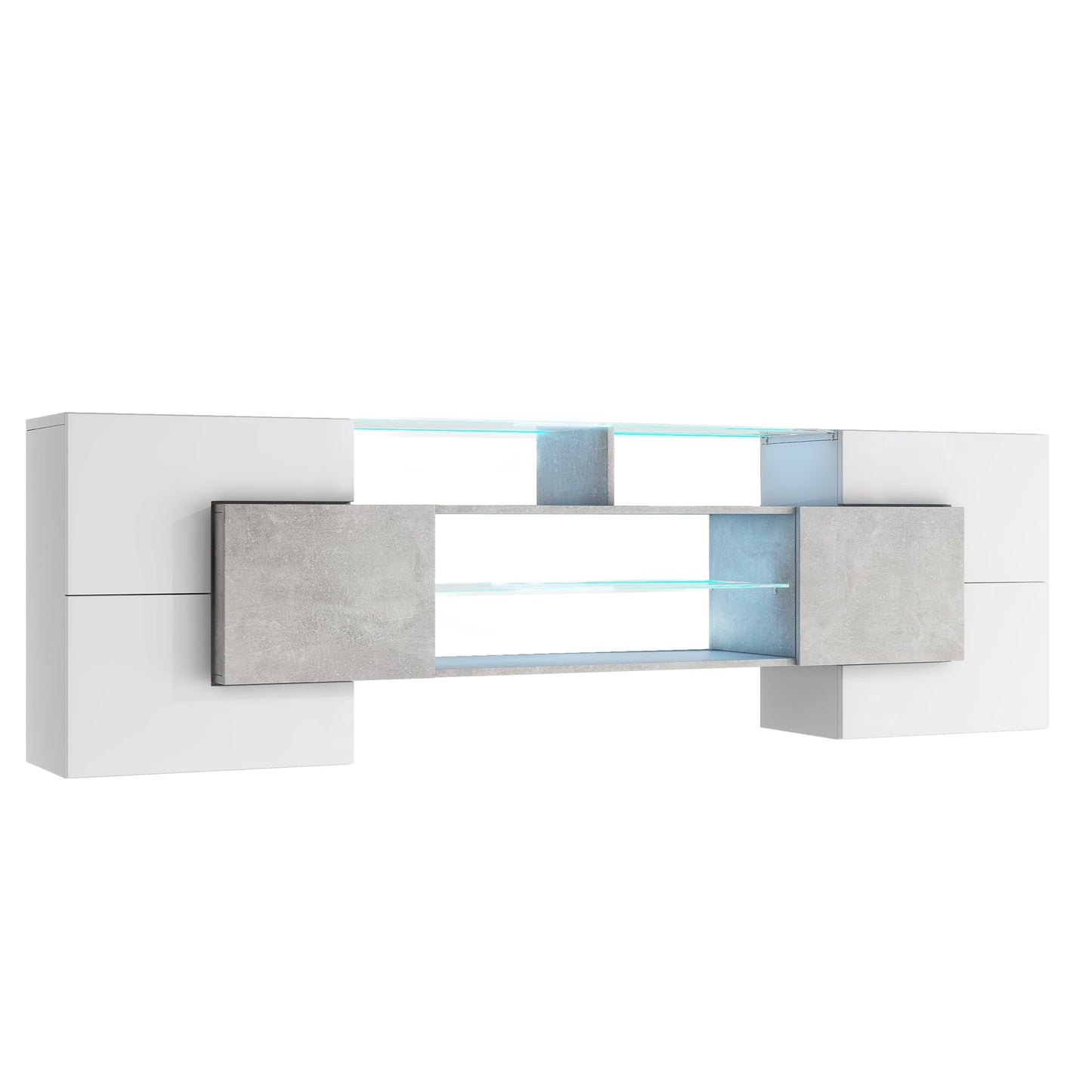 ON-TREND Unique Shape TV Stand with 2 Illuminated Glass Shelves, High Gloss Entertainment Center for TVs Up to 88', Versatile TV Cabinet with LED Color Changing Lights for Living Room, Grey