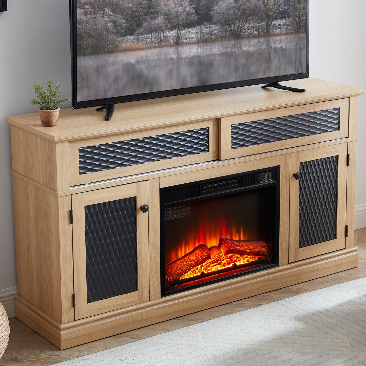 Embossed Pattern TV Stand with 23' fireplace insert,, TV and Media Console with Open and Closed Storage Space and sliding door for Living Room & Bedroom,LIGHT OAK, 58.27'W*15.35'W*31.7H
