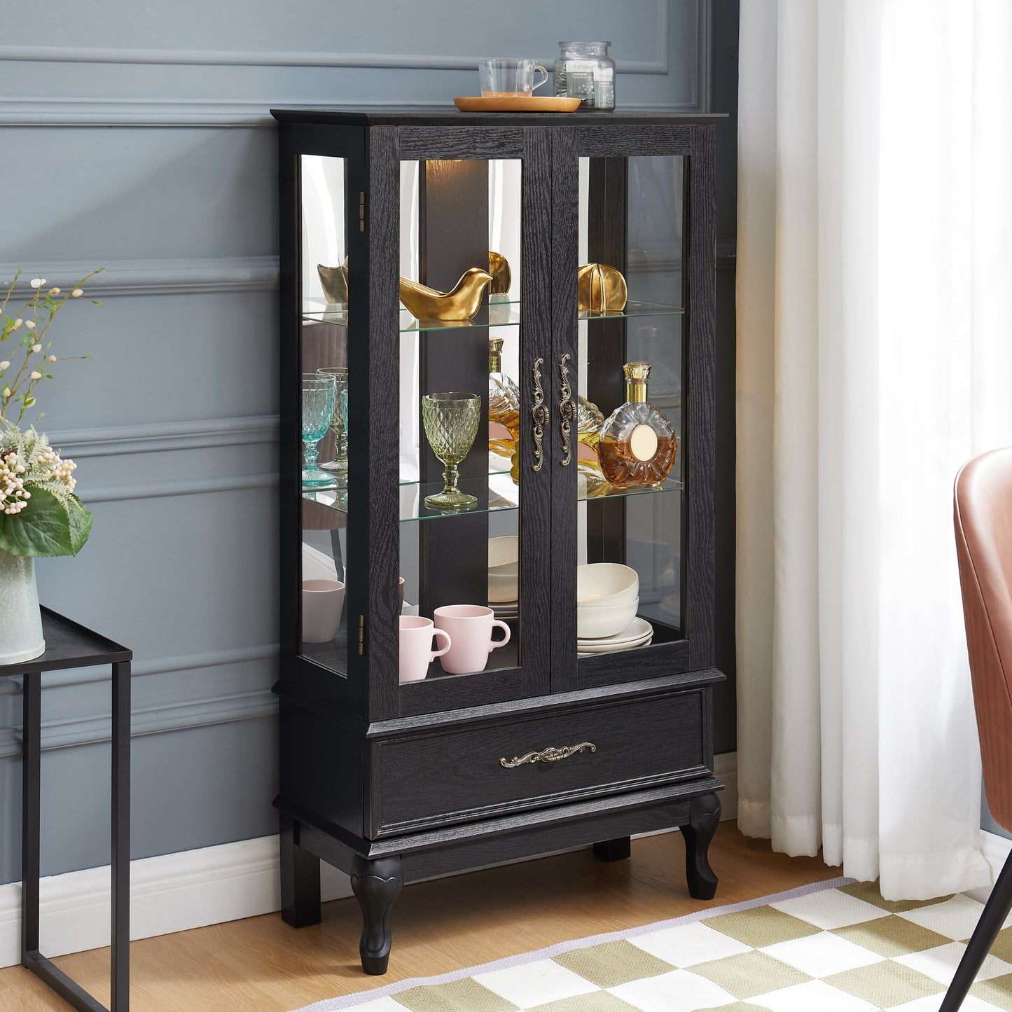 Lighted Curio Cabinet with Glass Doors and Adjustable Shelves 2 Door Wine Cabinet Display Curio Cabinet with LED Lights Light Black Finish and Drawer for Home Decor and Storage