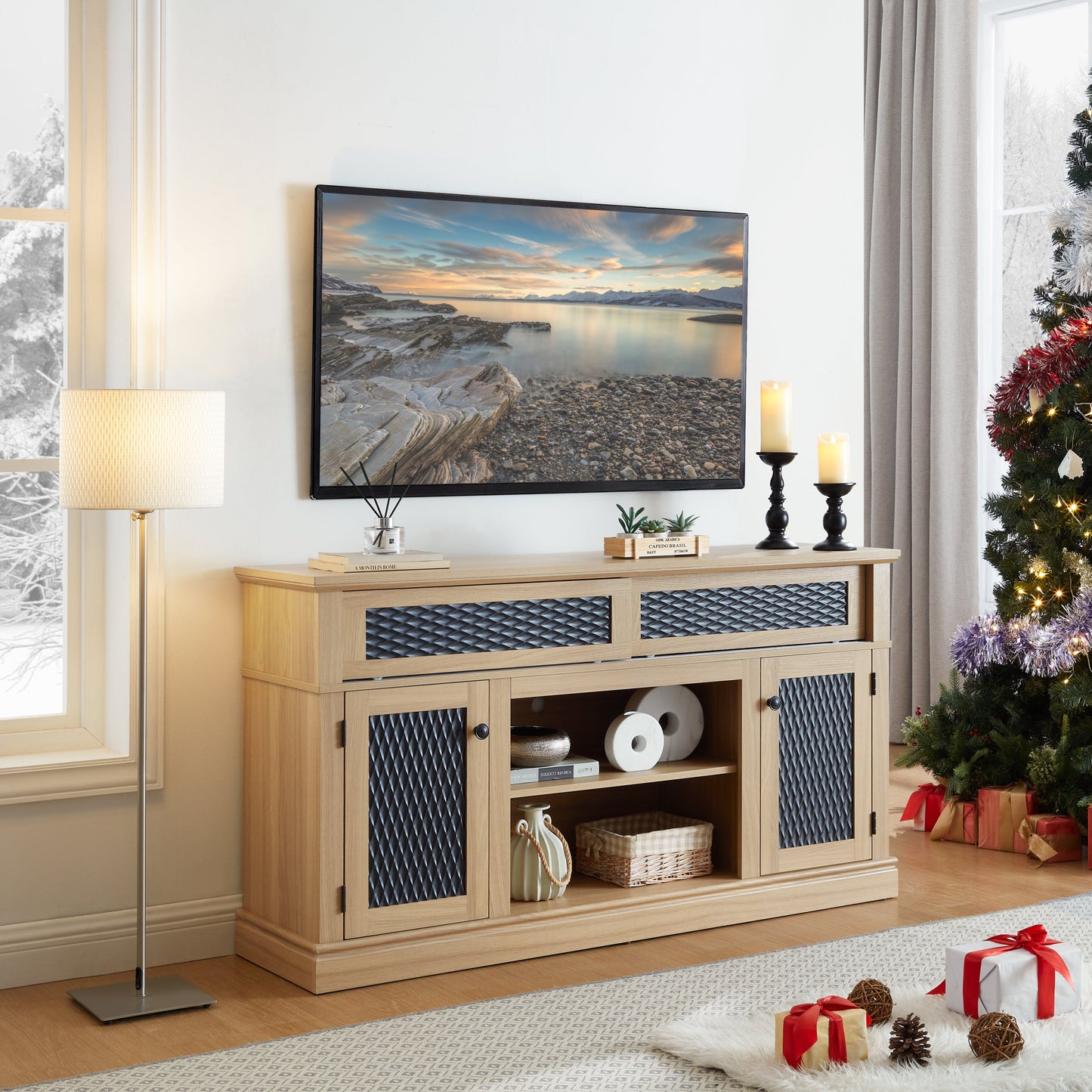 Embossed Pattern TV Stand, TV and Media Console with Open and Closed Storage Space and sliding door for Living Room & Bedroom, LIGHT OAK, 58.27'W*15.35'W*31.7H