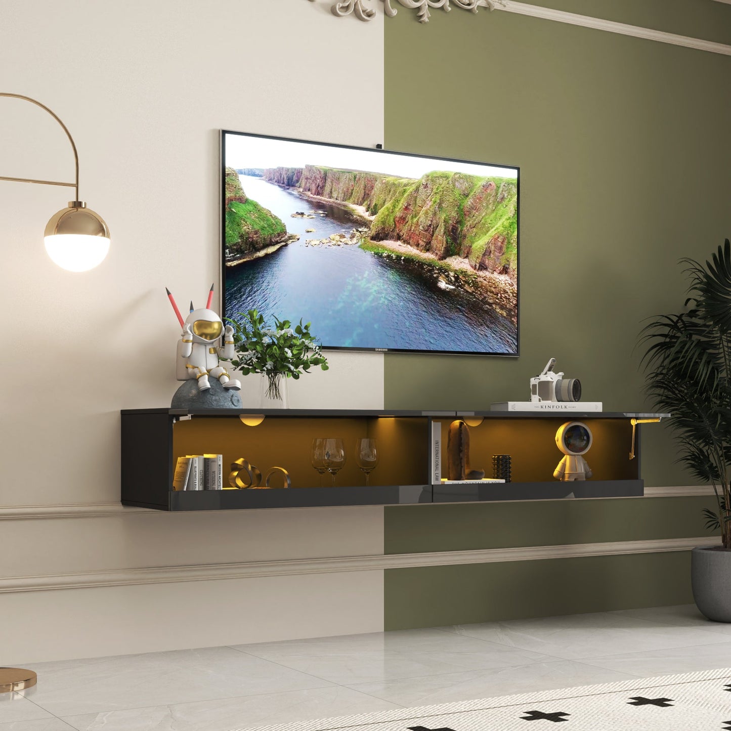 180 Wall Mounted Floating 80' TV Stand with 20 Color LEDs and Charging Station