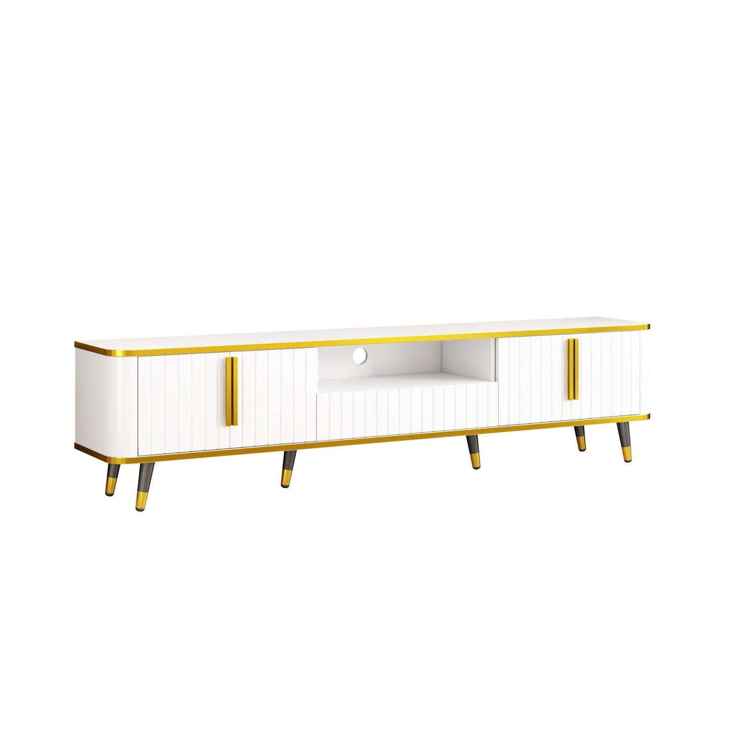 ON-TREND Luxury Minimalism TV Stand with Open Storage Shelf for TVs Up to 85', Entertainment Center with Cabinets and Drawers, Practical Media Console with Unique Legs for Living Room, White
