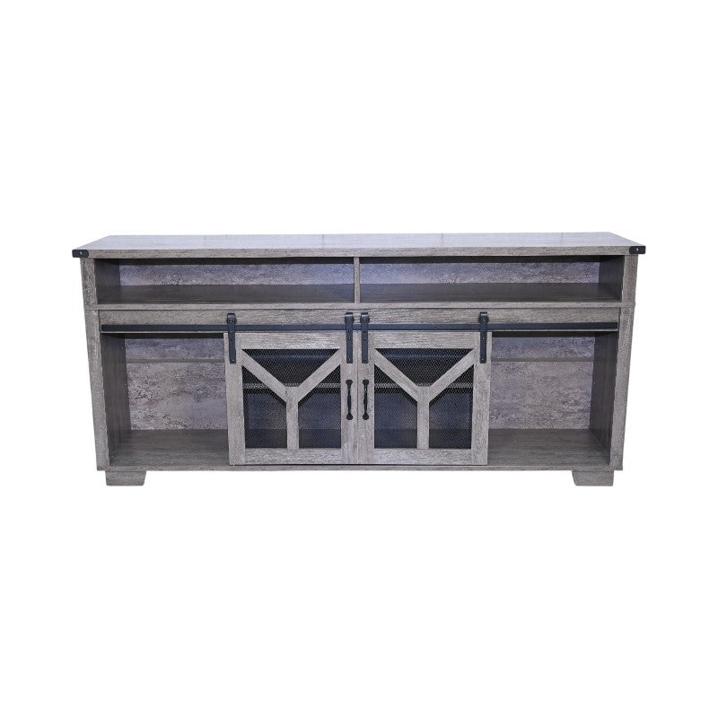 65.3' TV Stand with LED light strips and Iron mesh barn door Y decorative strip country grey farmhouse style