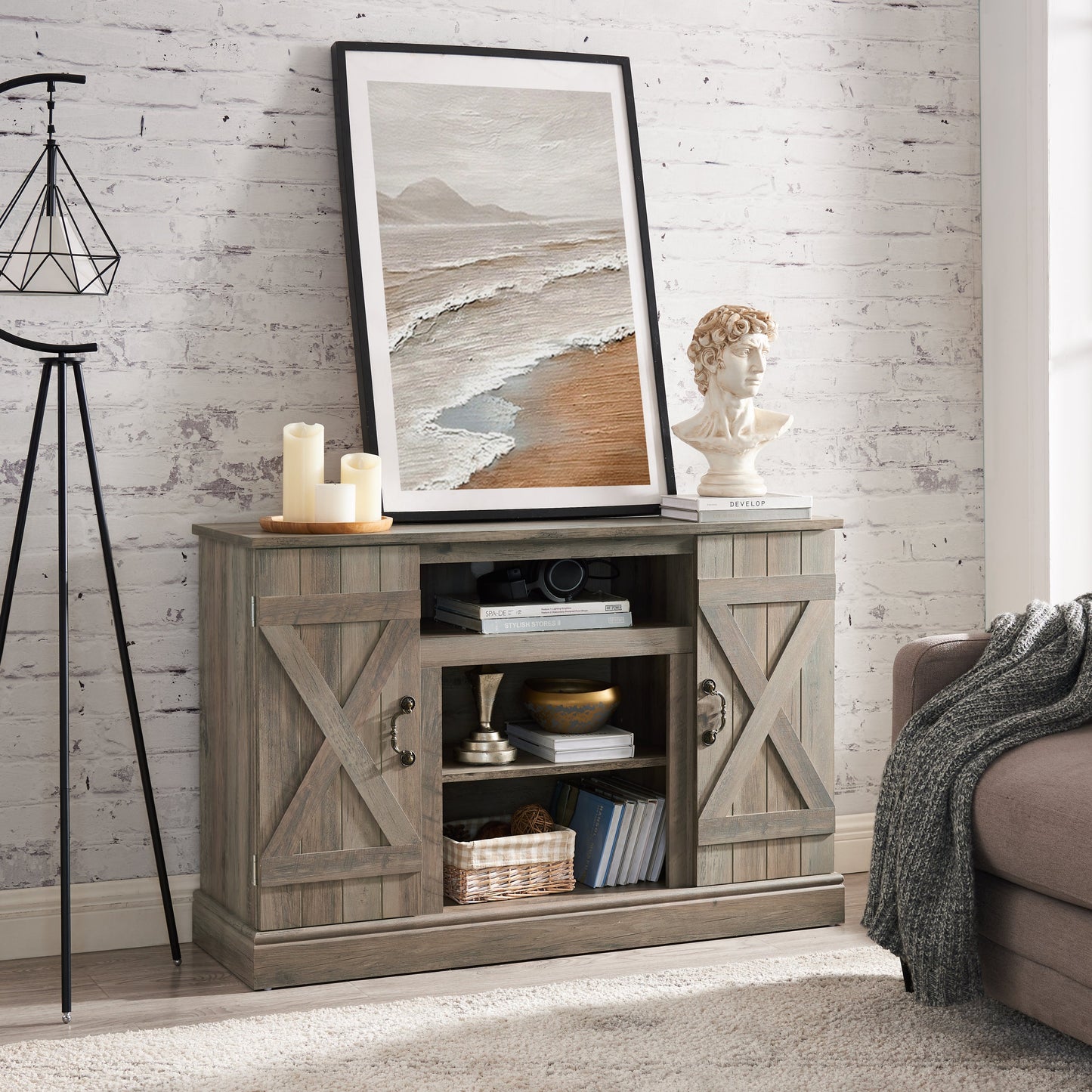 Farmhouse Classic Media TV Stand Antique Entertainment Console for TV up to 50' with Open and Closed Storage Space, Gray Wash, 47'W*15.5'D*30.75'H