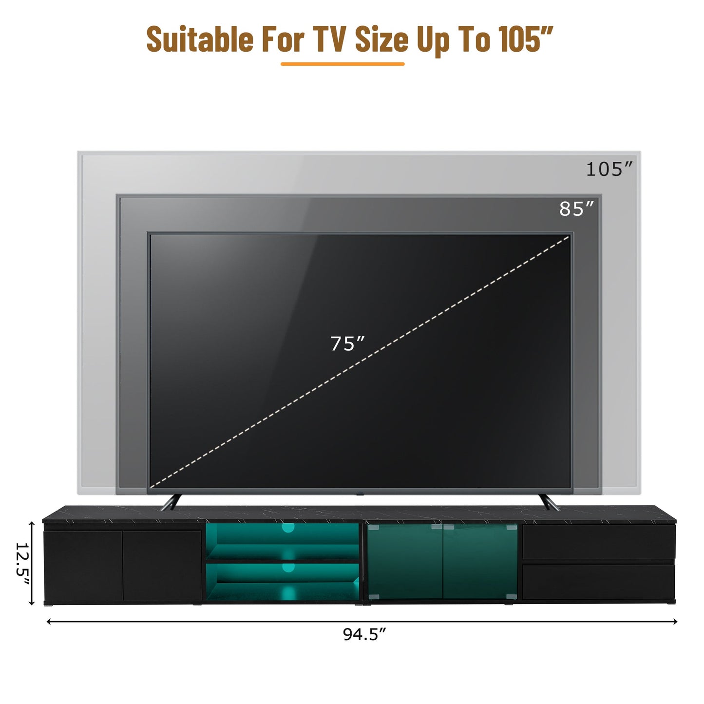 ON-TREND Modern APP Controlled LED TV Stand for TVs Up to 105'', Faux Marble Tabletop Media Console with Tempered Glass Doors, Entertainment Center with 2 Drawers & Cabinets for Living Room, Black