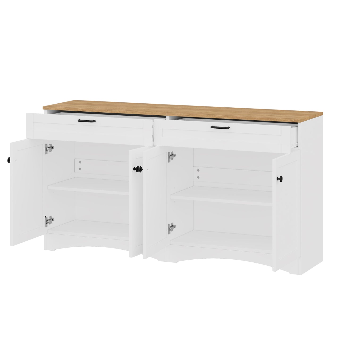 ON-TREND Farmhouse TV Stand with 2 Drawers for TVs Up to 70', Versatile Wood Grain Sideboard with Adjustable Shelves, Mid-Century Buffet Cabinet with Rustic Handles for Living Room/Bedroom, White