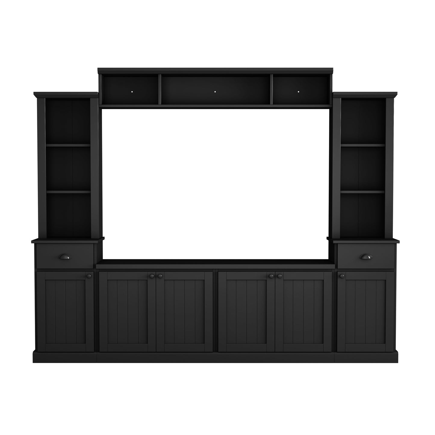 Minimalist Entertainment Wall Unit Set with Bridge for TVs Up to 75'', Ample Storage Space TV Stand with Adjustable Shelves, Modernist Large Media Console for Living Room, Black