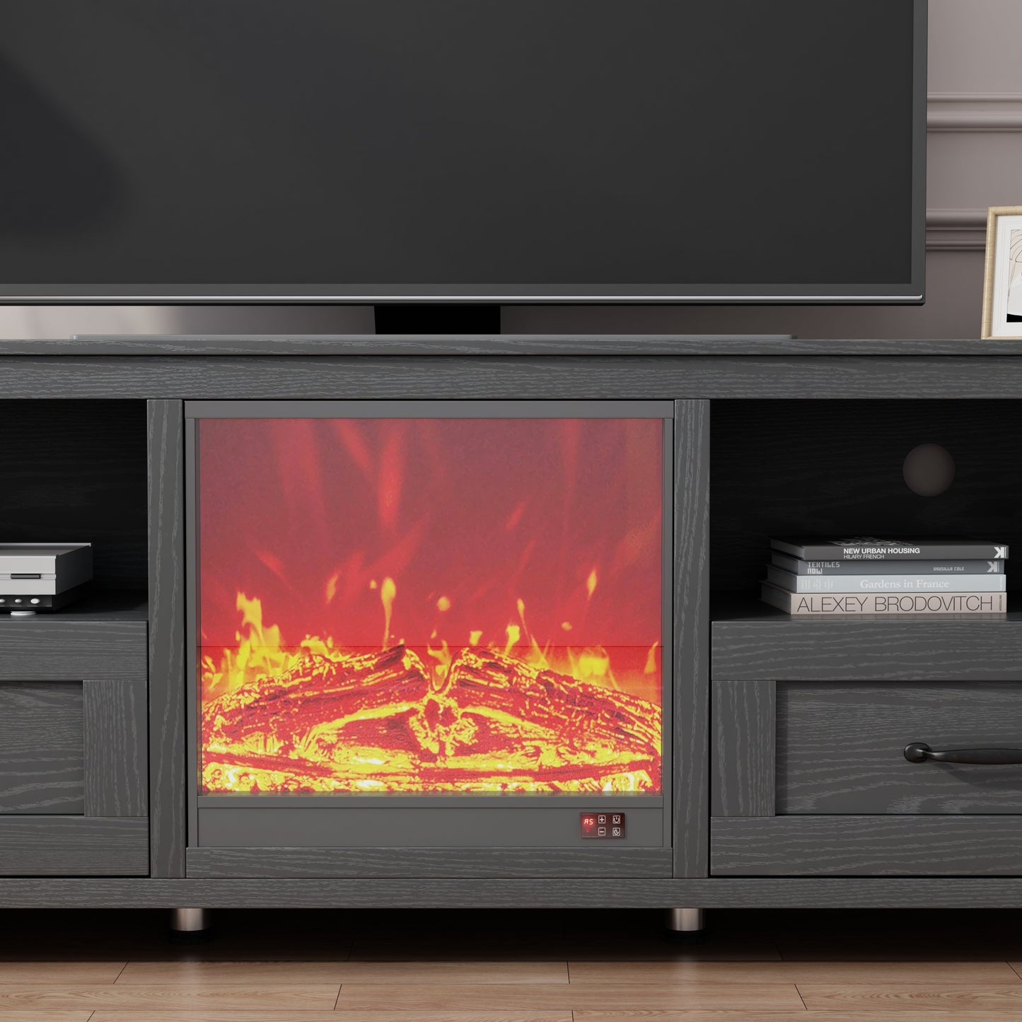 70.08 Inch Length Black TV Stand for Living Room and Bedroom, with 2 Drawers and 4 High-Capacity Storage Compartment,Suitable for fireplace