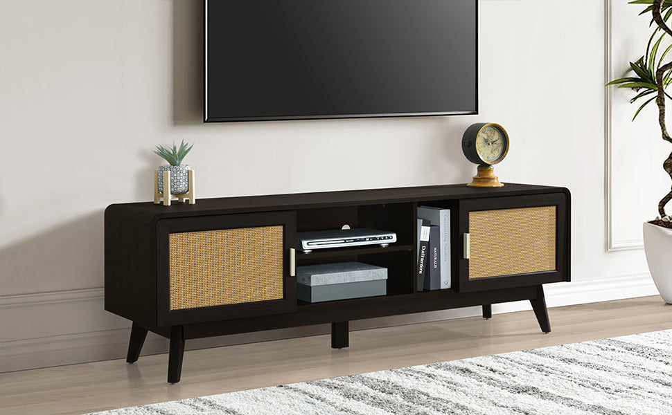 63'' Dark Rattan TV Stand with 2 Storage Cabinets for 65 Inch TV, Entertainment Center with Solid Wood Legs, Media Console Table for Living Room, Bedroom