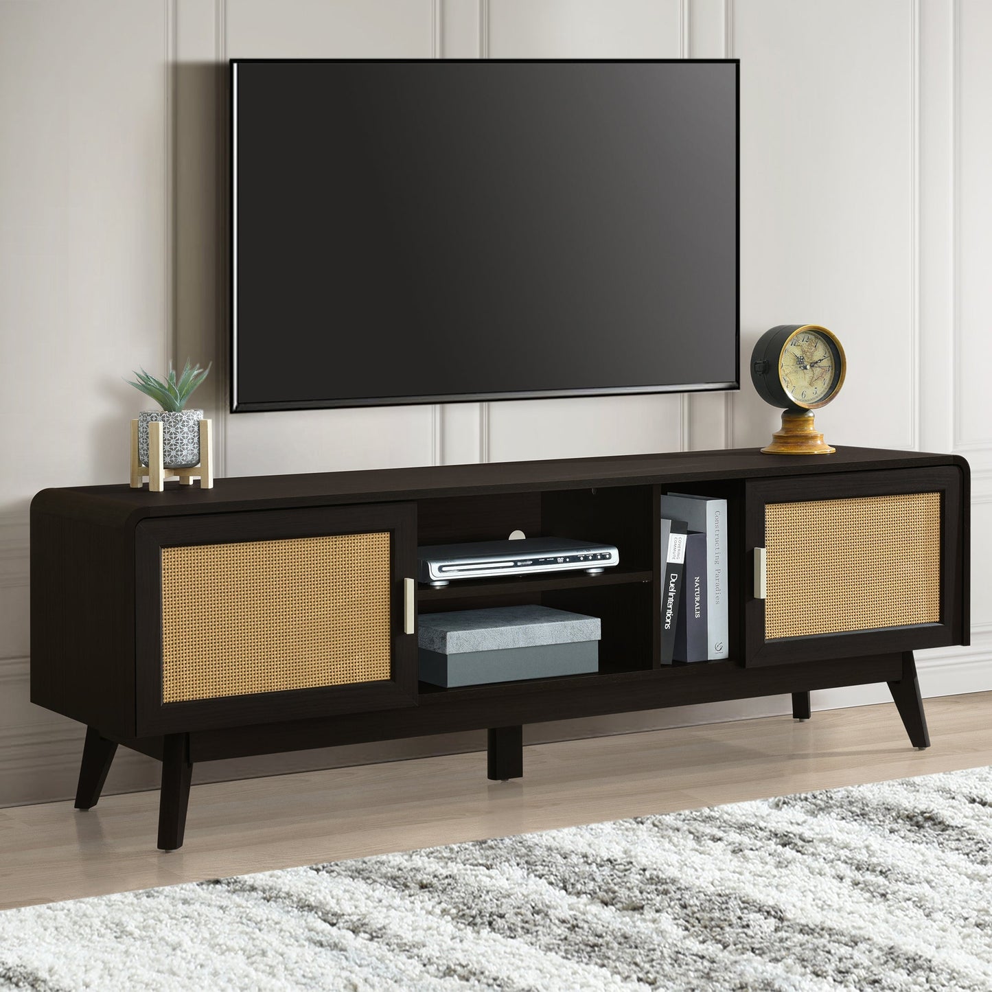 63'' Dark Rattan TV Stand with 2 Storage Cabinets for 65 Inch TV, Entertainment Center with Solid Wood Legs, Media Console Table for Living Room, Bedroom