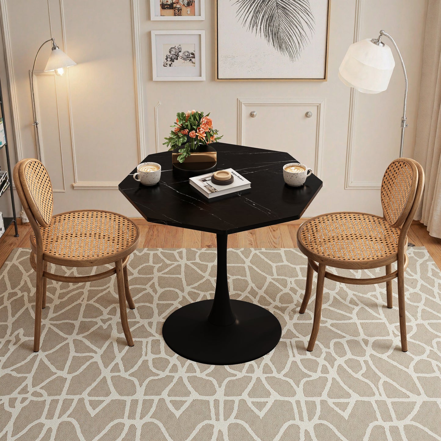 31.50'Modern Octagonal Coffee Table with Printed Black Marble Table Top,Metal Base, for Dining Room, Kitchen, Living Room