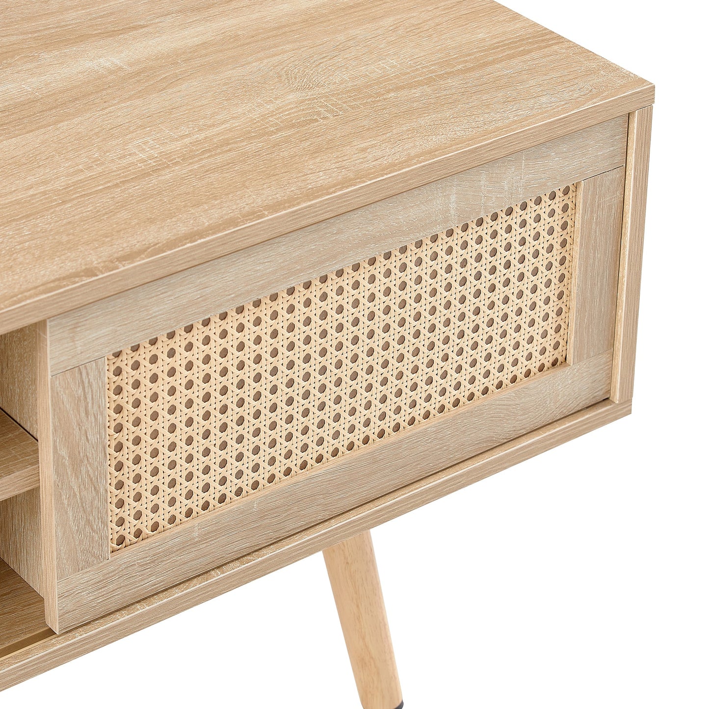 Natural Rattan TV Cabinet with Double Sliding Doors, Adjustable Shelf, Solid Wood Legs, 55.12 Inches