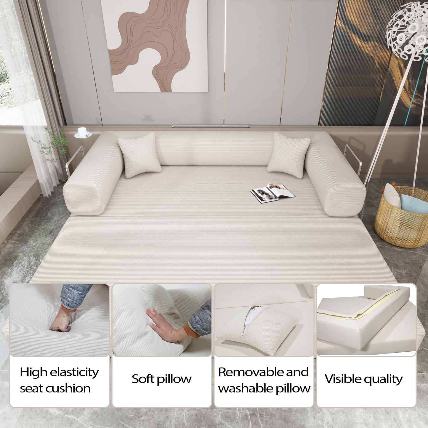Double sofa, sofa bed, multifunctional compression sofa, wide body sofa, pure sponge sofa, fine striped velvet fabric sofa