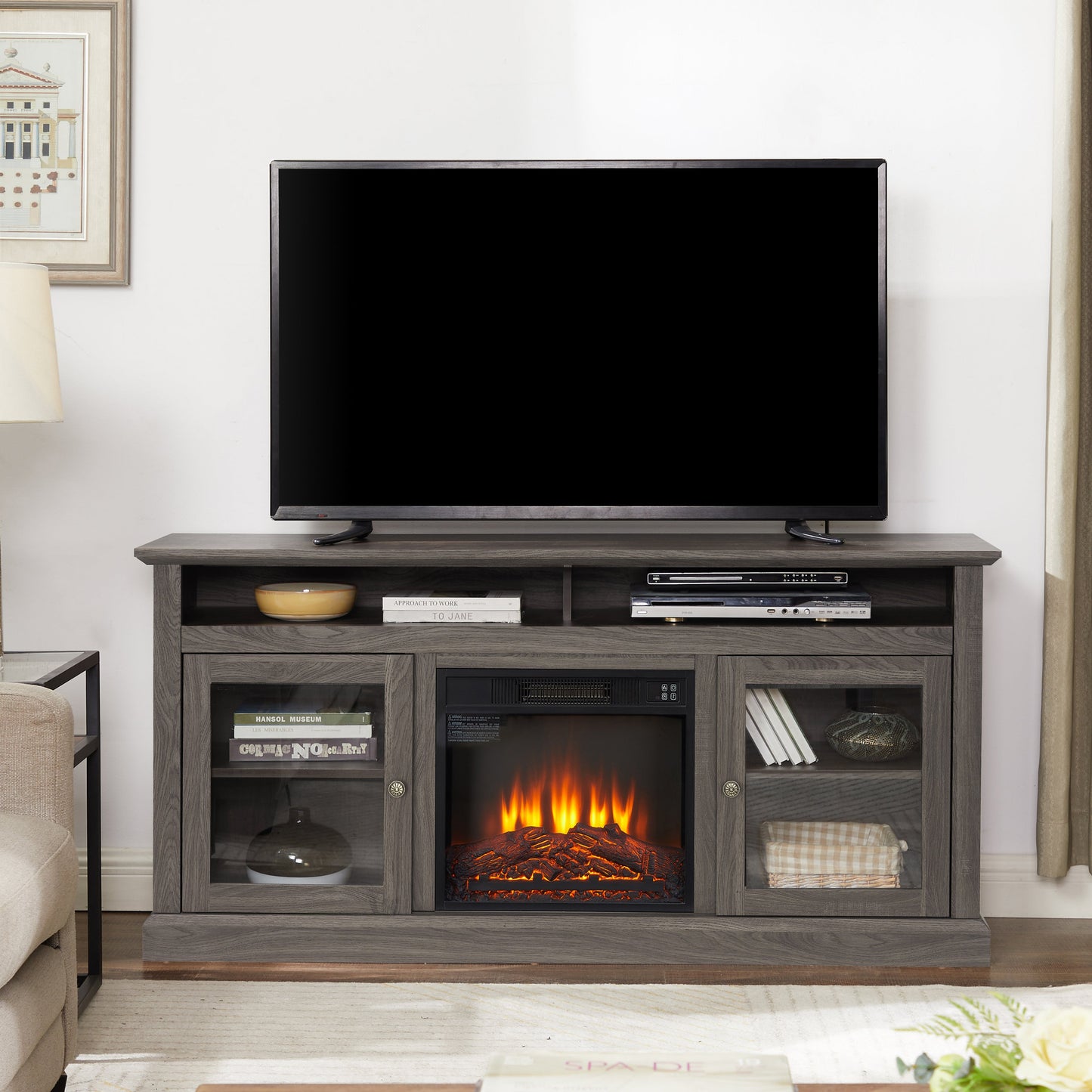 Retro TV Stand for 65'' TV, TV Console Cabinet with Storage, Open Shelves Entertainment Center with 18' Fireplace Insert for Living Room Dark Walnut 60'W*15.75'D*29'H