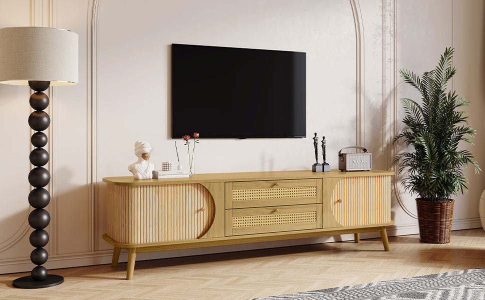 Rattan TV Stand for TVs up to 75'', Modern Farmhouse Media Console, Entertainment Center with Solid Wood Legs, TV Cabinet for Living Room,Home Theatre