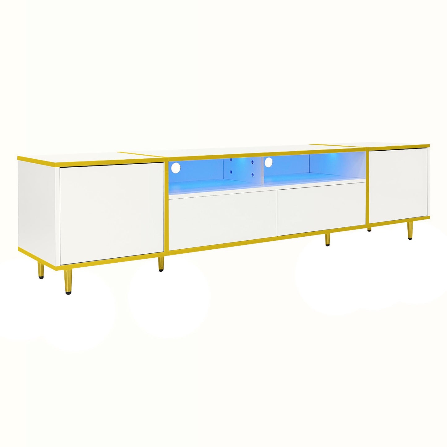 U-Can 70.9'' Modern TV Stand for TVs up to 80 Inches, Entertainment Center with 2 Shelves and LED Lights, TV Storage Cabinet with 2 Drawers, 2 Cabinets and Metal Legs for Living room