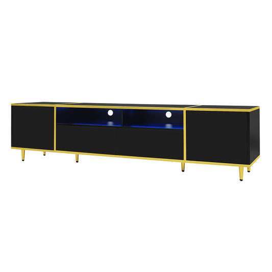 U-Can 70.9'' Modern TV Stand for TVs up to 80 Inches, Entertainment Center with 2 Shelves and LED Lights, TV Storage Cabinet with 2 Drawers, 2 Cabinets and Metal Legs for Living room