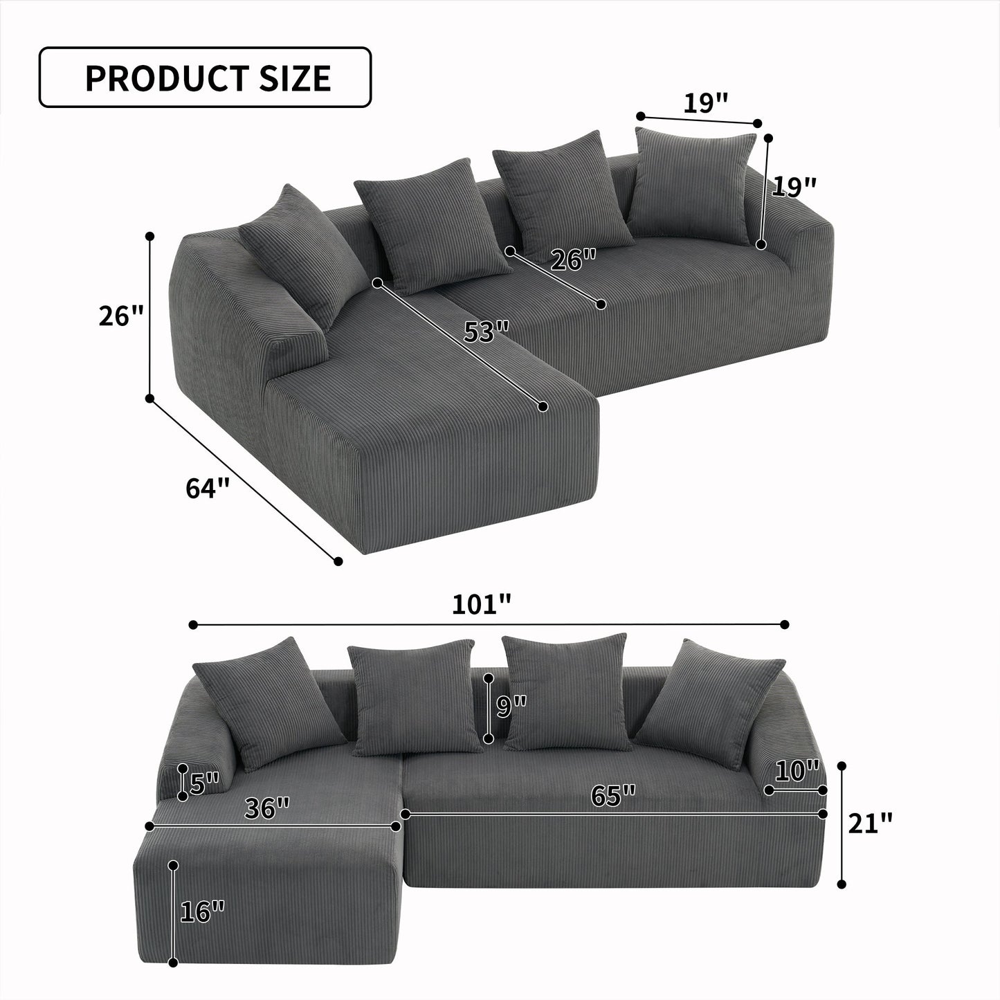LY-023 Grey Compression Sofa: Corduroy Fabric, Chaise Longue and 3-Seater Combination with 4 Pillows