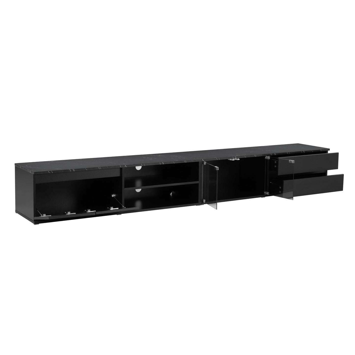 ON-TREND Modern APP Controlled LED TV Stand for TVs Up to 105'', Faux Marble Tabletop Media Console with Tempered Glass Doors, Entertainment Center with 2 Drawers & Cabinets for Living Room, Black