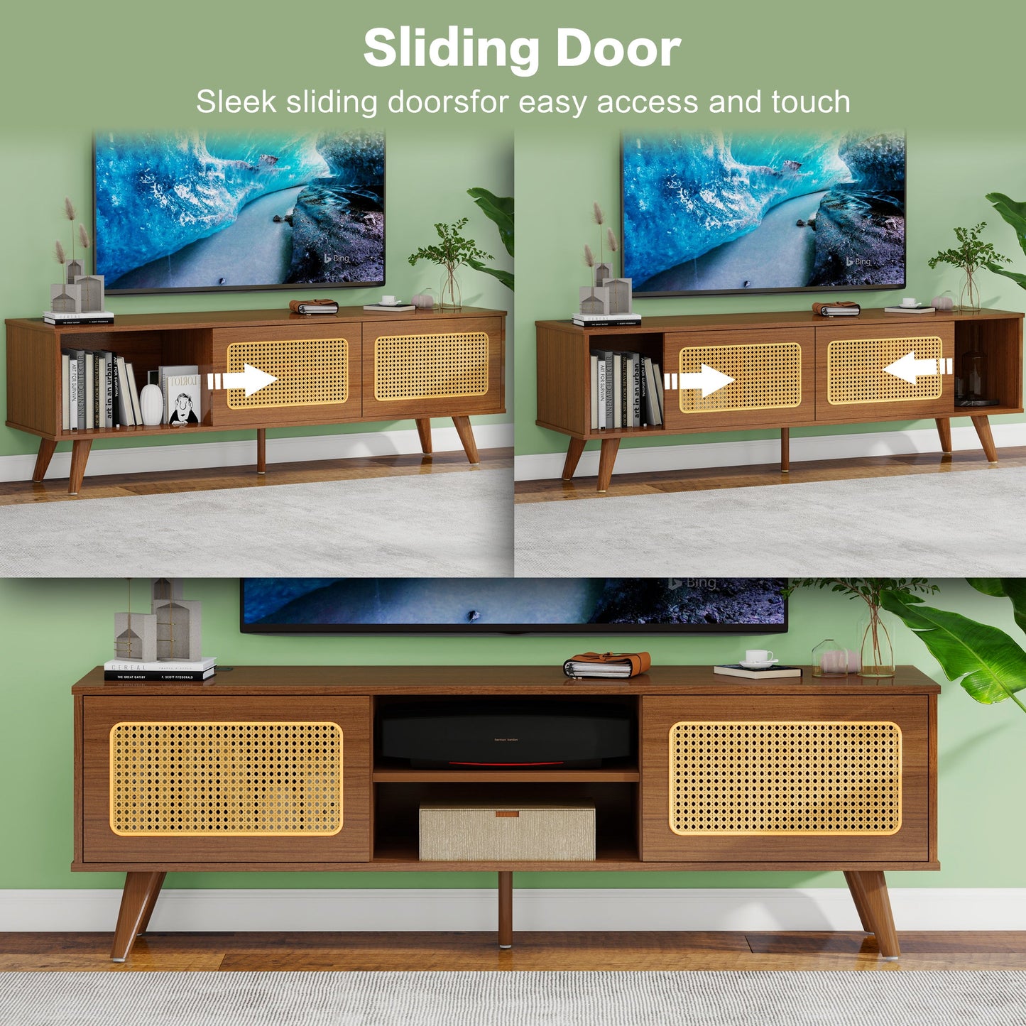 Mid Century Modern Rattan TV Stand for 55/60/65 inch TV , Entertainment Cabinet, Media Console for Living Room Bedroom Media Room, Solid Wood Feet & Rattan Cabinet Doors (Walnut, 59')