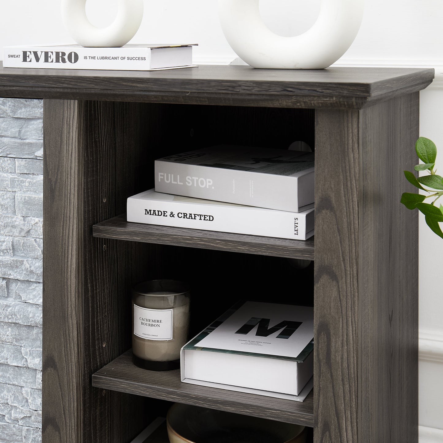 Mantel Stone TV Media Stand with with Faux Stacked Stone Surround, Modern Entertainment Console with Open Storage Space,Grey, 58.31'W*15.39'D*26.06'H