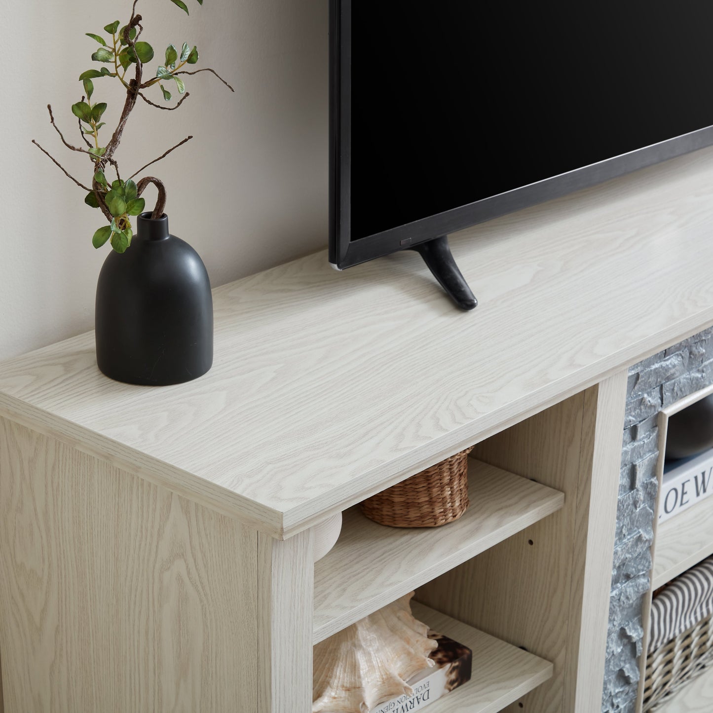 Large TV Desk Storage Rack with Faux Stacked Stone Surround,Media Console Table with Large Storage Cabinet,Modern TV Media Entertaionment Stand,WHITE, 70.12'W*15.35'D*25.83'H