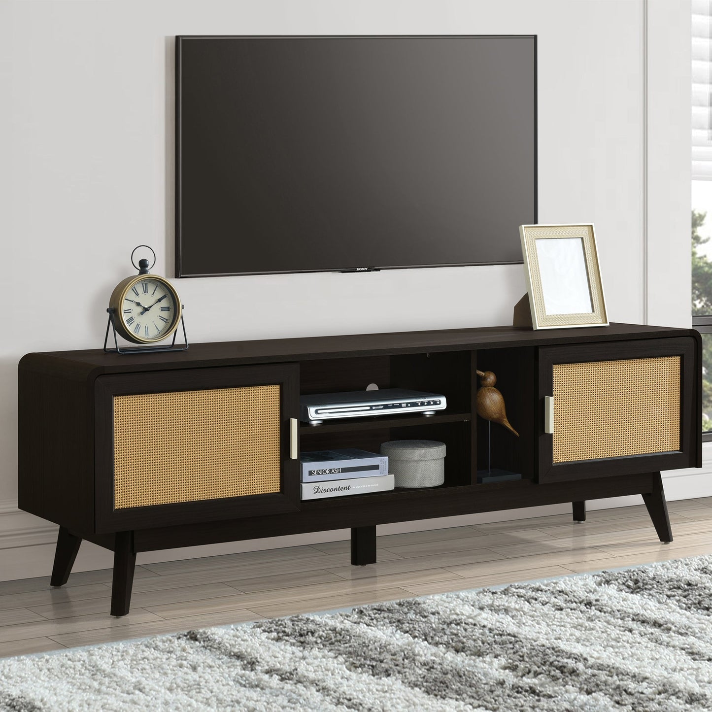 63'' Dark Rattan TV Stand with 2 Storage Cabinets for 65 Inch TV, Entertainment Center with Solid Wood Legs, Media Console Table for Living Room, Bedroom