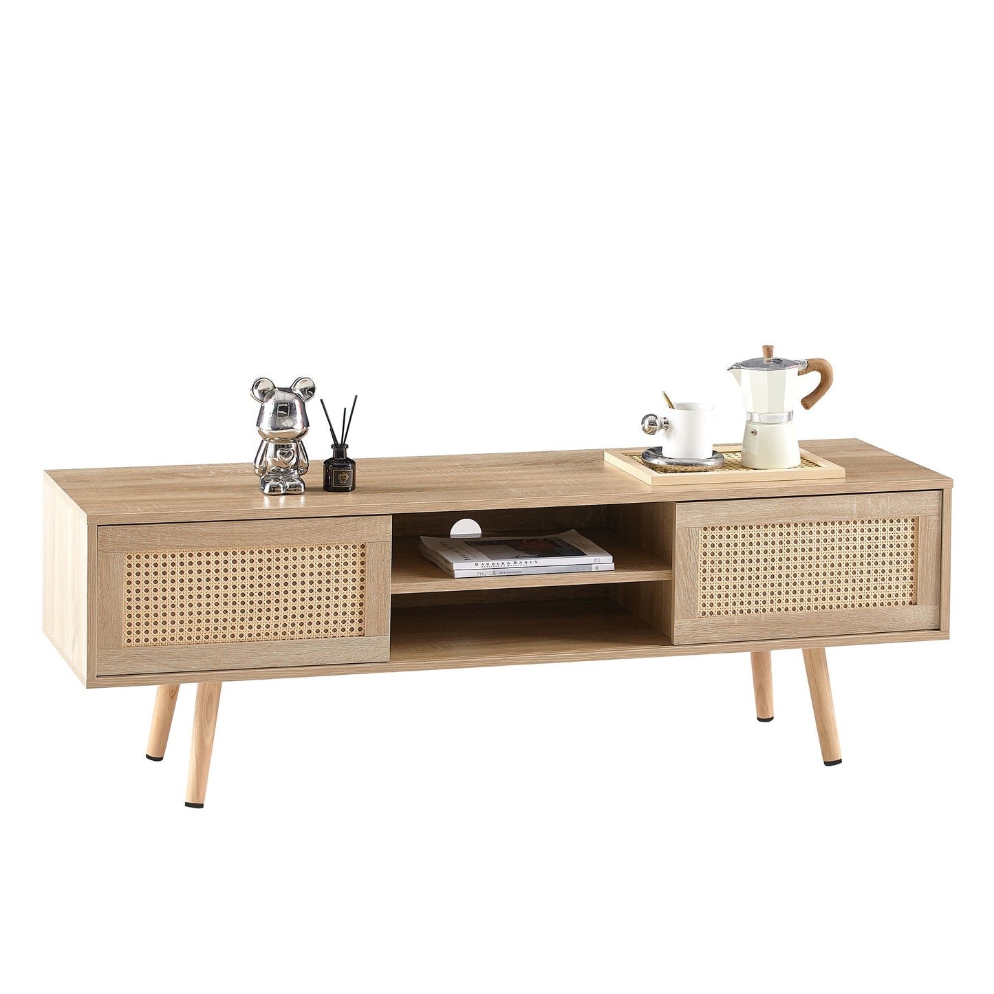 Natural Rattan TV Cabinet with Double Sliding Doors, Adjustable Shelf, Solid Wood Legs, 55.12 Inches