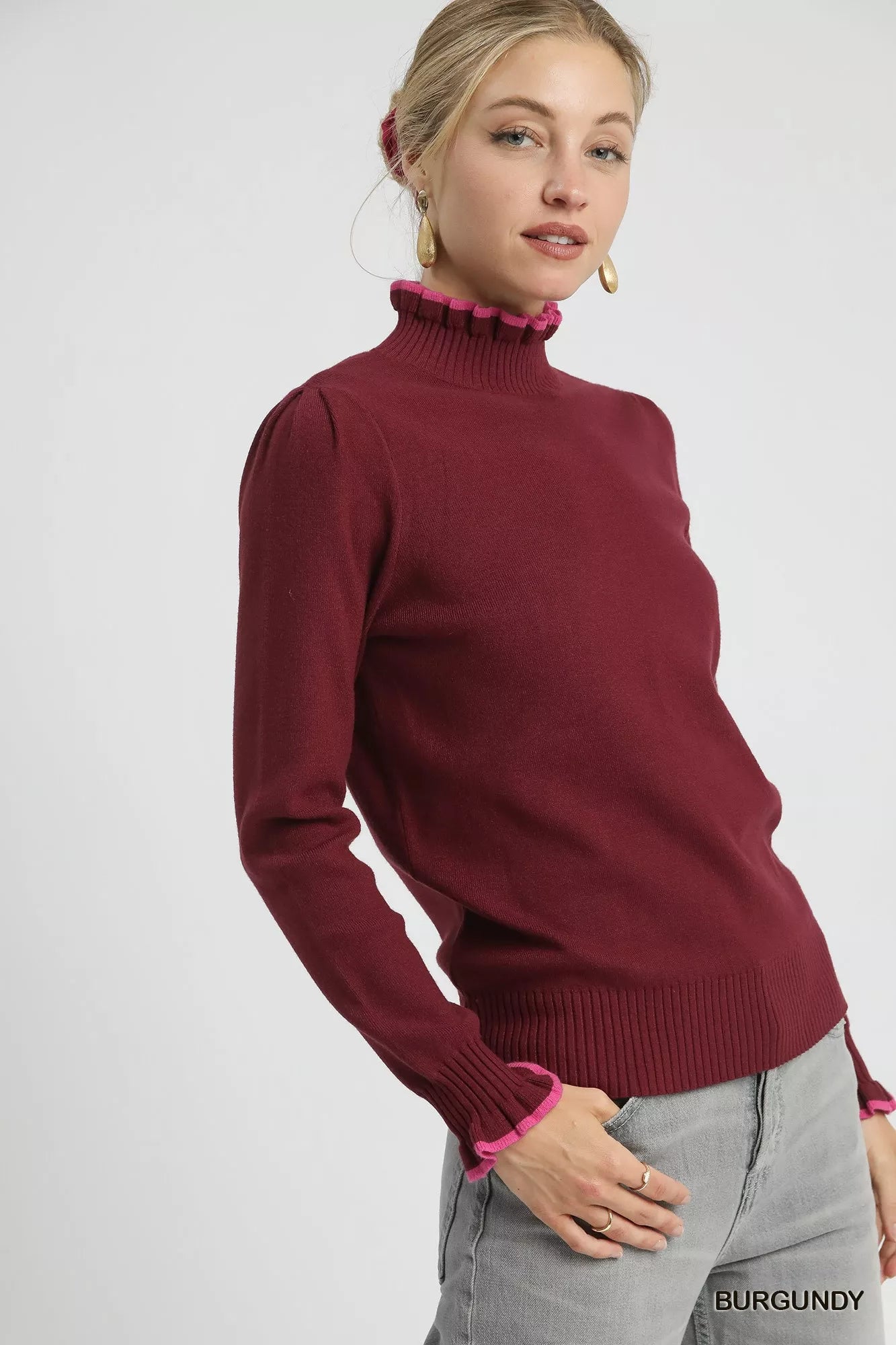 Umgee Ribbed Round Neck Sweater with Ruffle Contrast Trim - Lee's Retail