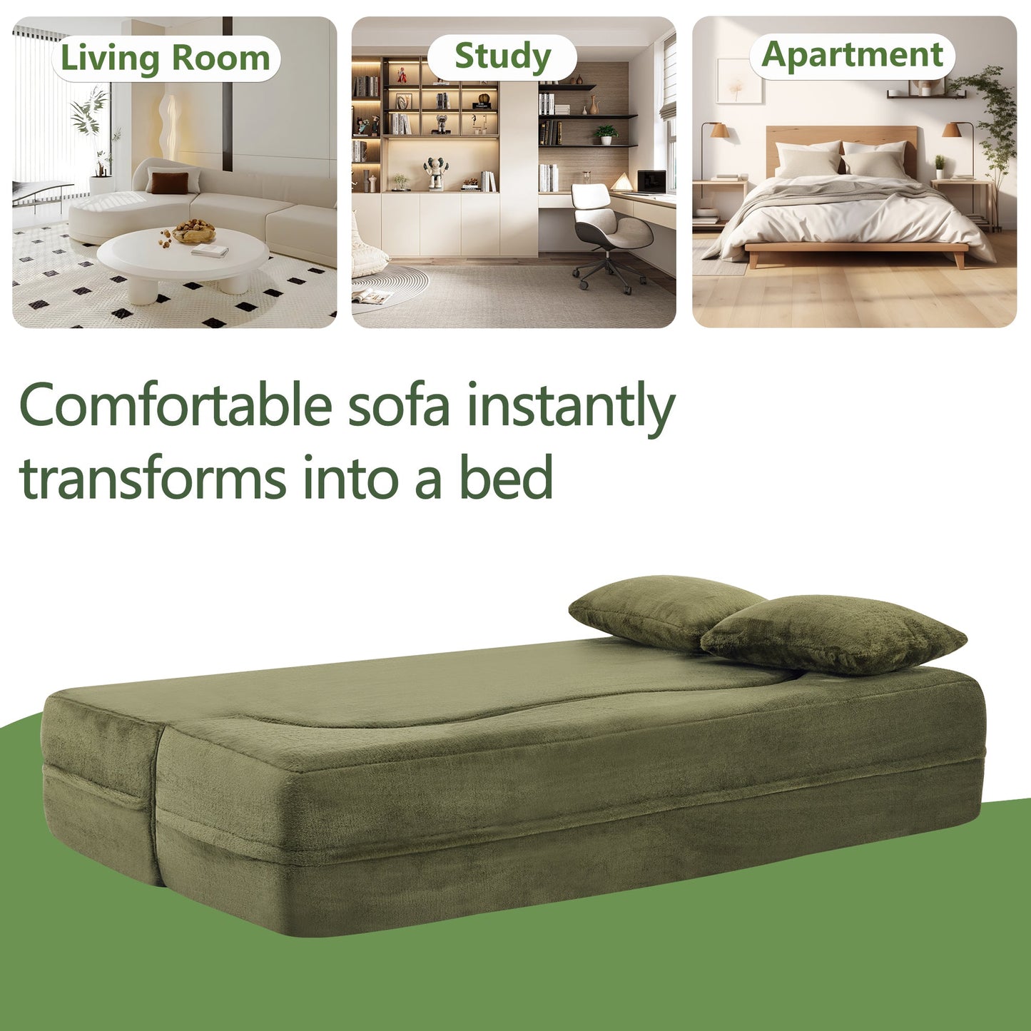 71-inch folding sofa bed, plush futon sofa bed, high-density foam convertible sofa bed, folding floor sofa bed for living room, guest room, bedroom, green
