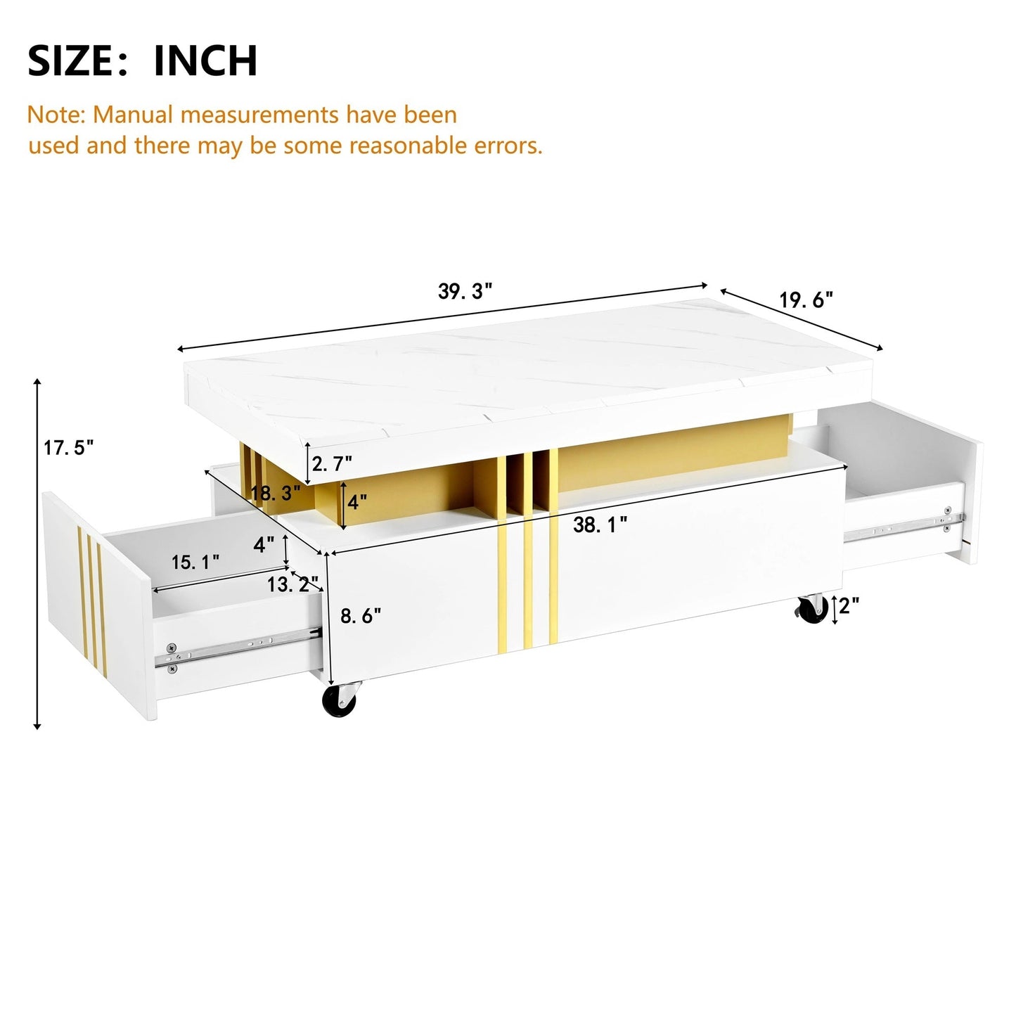 ON-TREND Contemporary Coffee Table with Faux Marble Top, Rectangle Cocktail Table with Caster Wheels, Moderate Luxury Center Table with Gold Metal Bars for Living Room, White