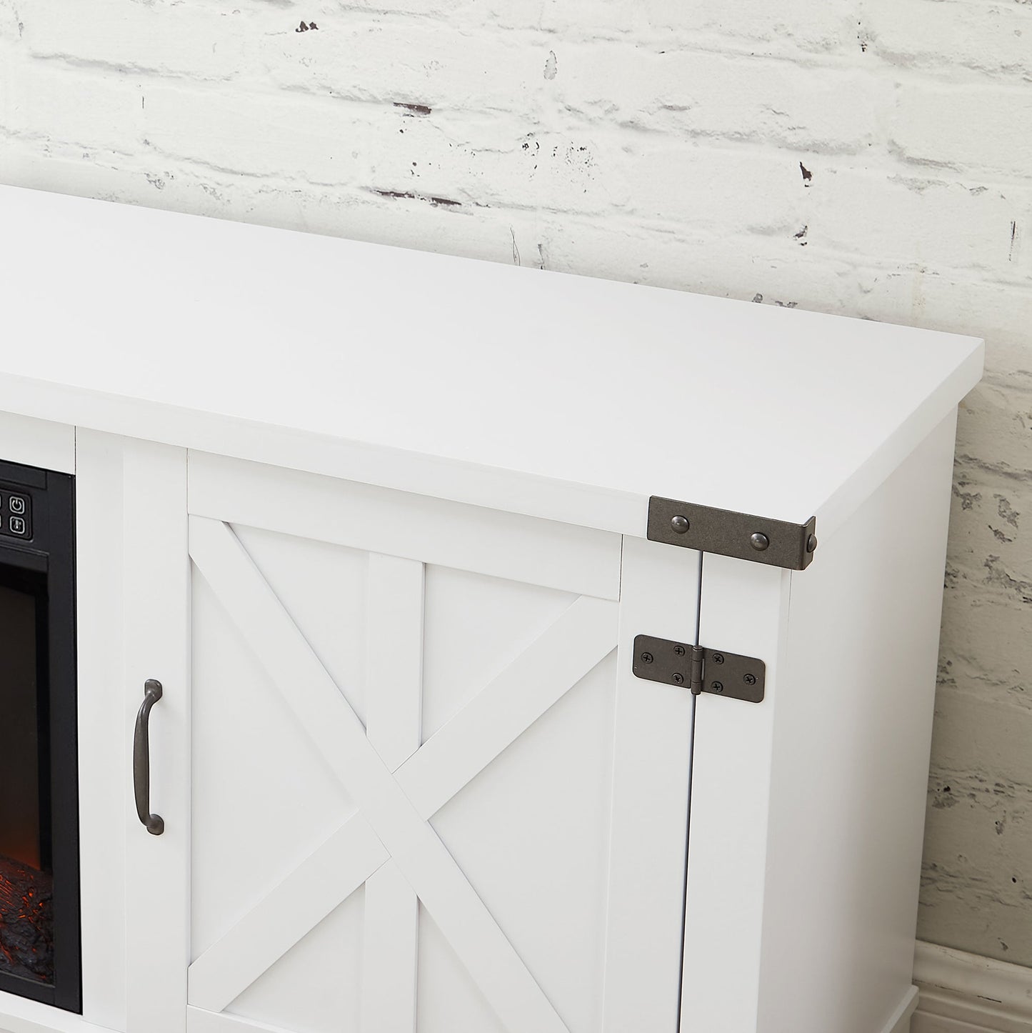 Modern Farmhouse TV Media Stand, Large Barn Inspired Home Entertainment Console, with 23' Fireplace Insert, for TV Up to 70'', with Open Shelves and Closed Cabinets, White, 64.8'W*15.67'D*24.29'H