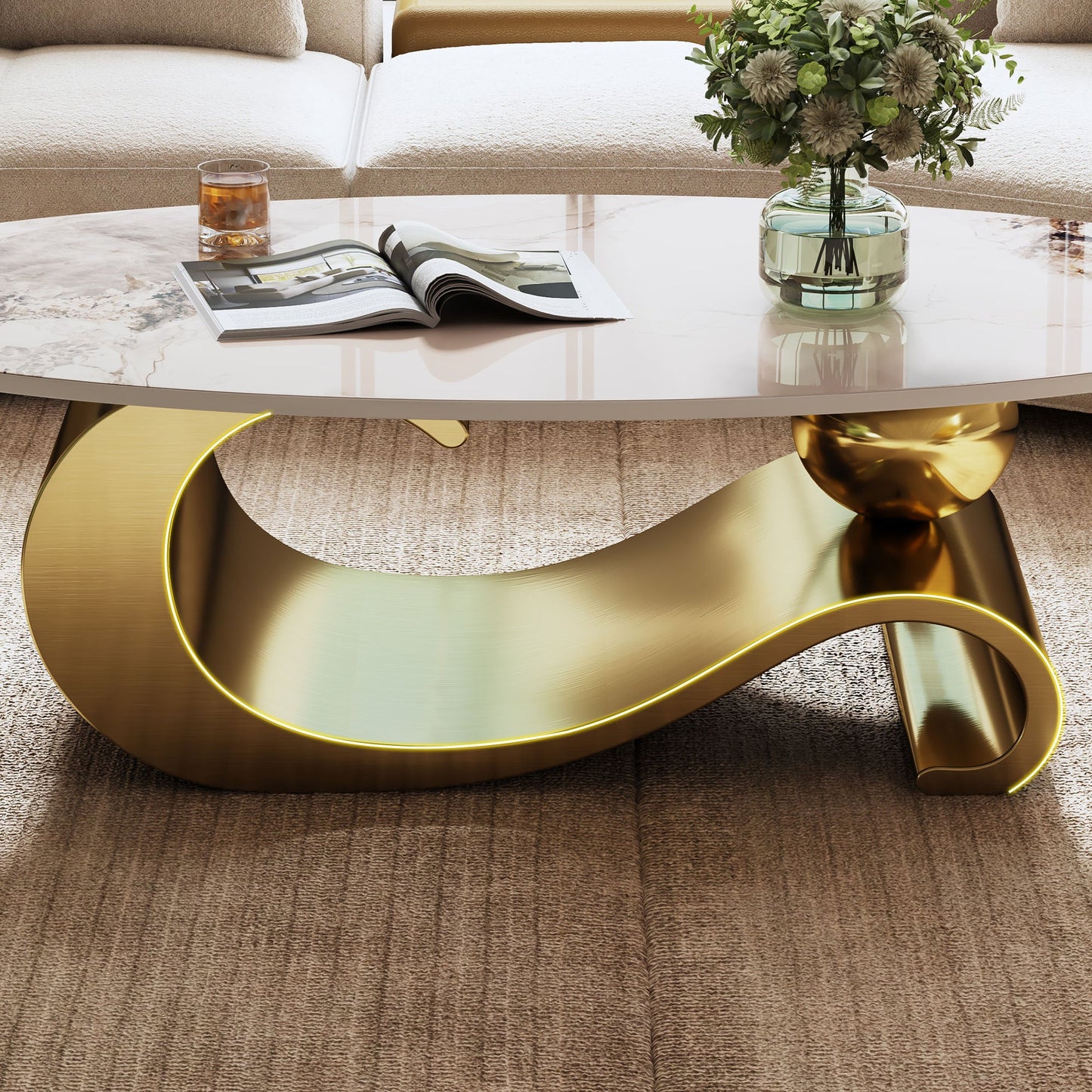 49.2' Faux Marble Oval Coffee Table, Contemporary Gold Stainless Steel Base, Modern Center Table for Living Room